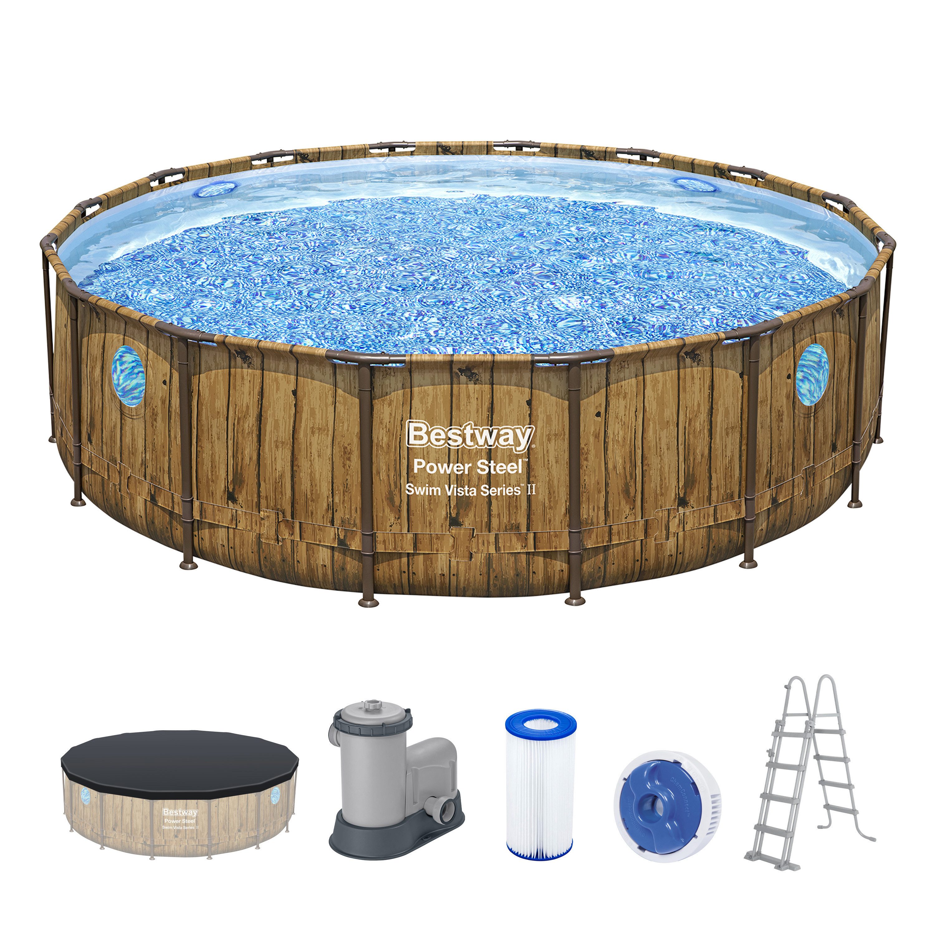 Bestway Framepool Power Steel™ Swim Vista Series™ (Set, Inkl. Filterpumpe, Abdeckplane & Sicherheitsleiter), Ø 488 x 122 cm