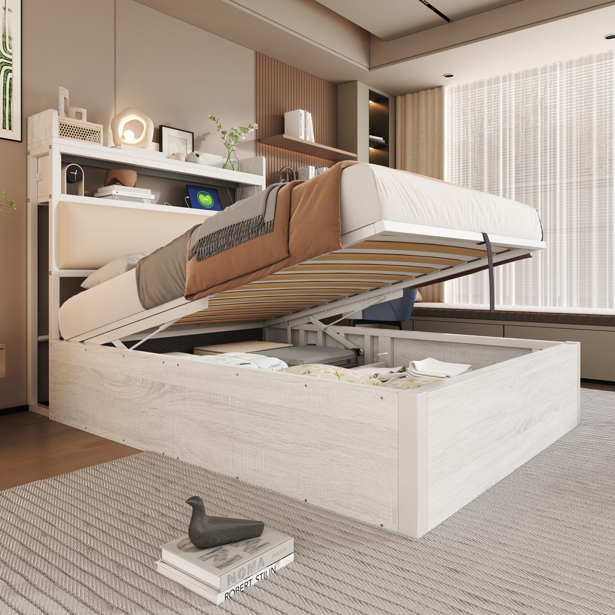 Flieks Holzbett, Hydraulisches Stauraumbett Metallbett Einzelbett 90x200cm günstig online kaufen