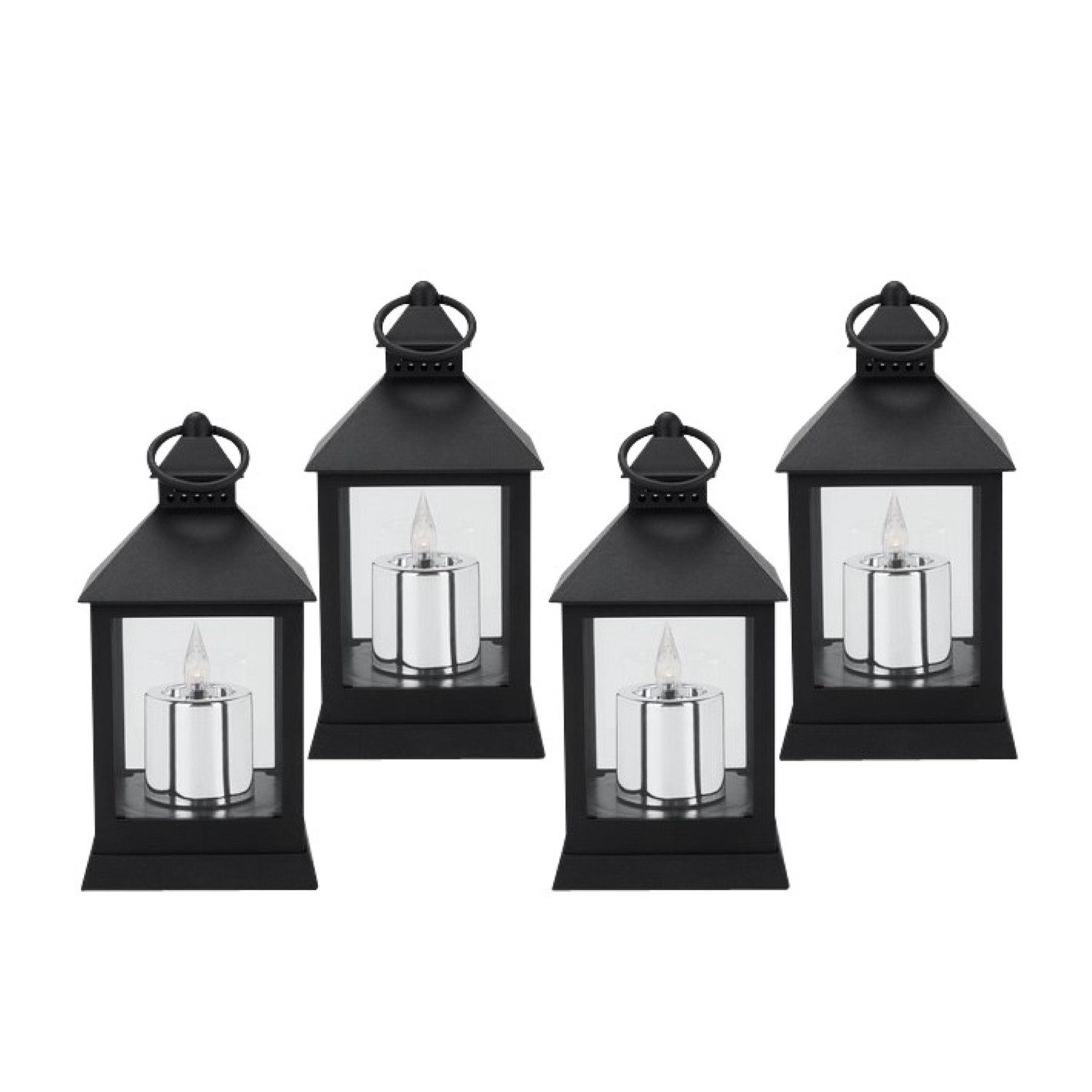 Online-Fuchs LED Laterne - 4er Set Laternen mit LED-Kerzen und Timerfunktion - Outdoor geeignet, LED-Kerzen im Metallic Design, Warmweiße Acrylflamme, 6-Stunden Timer