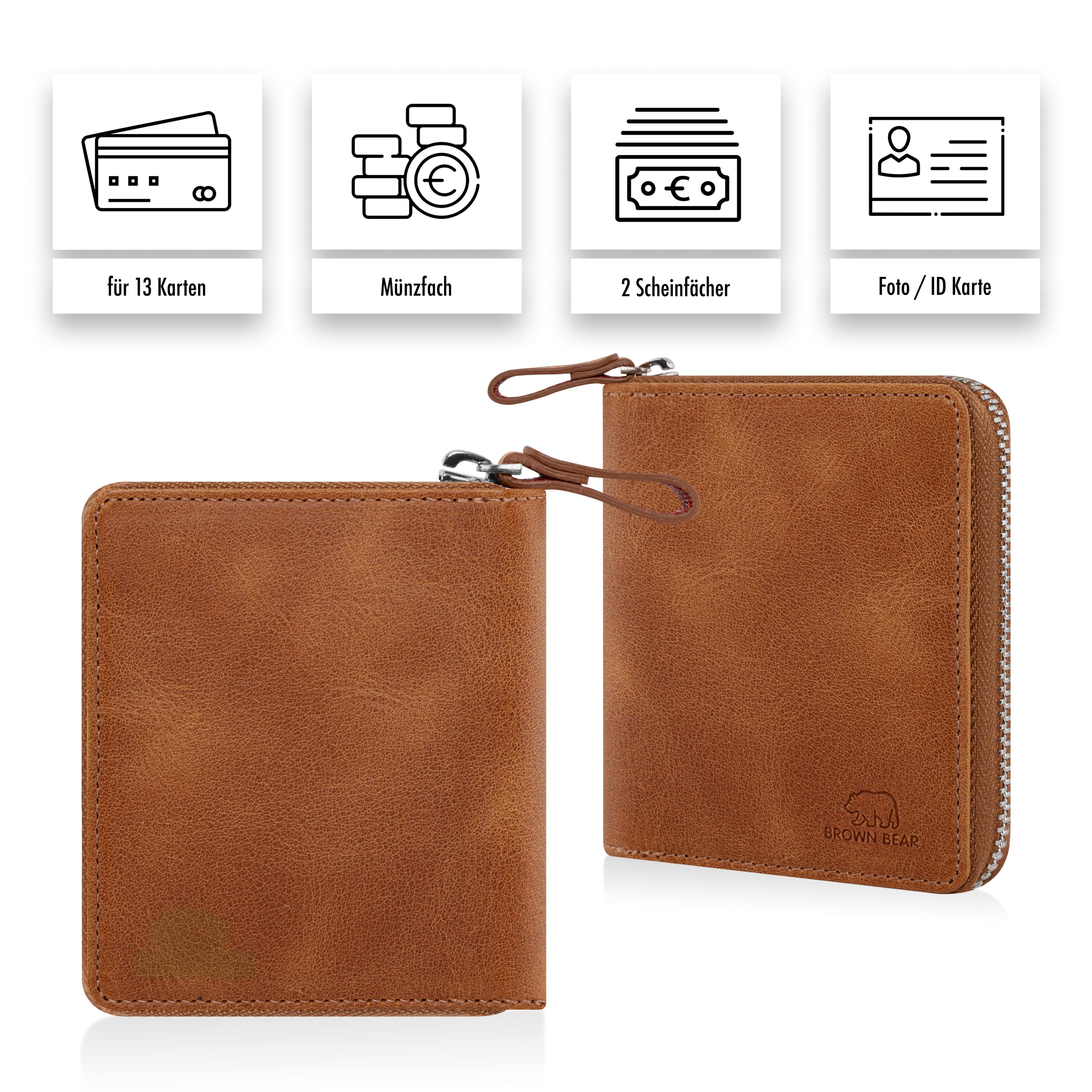 Brown Bear Geldbörse Classic 8009 mit umlaufenderm Reißverschluss aus Echtleder, mit 10 Kartenfächern und RFID-Schutz Farbe Cognac-Vintage