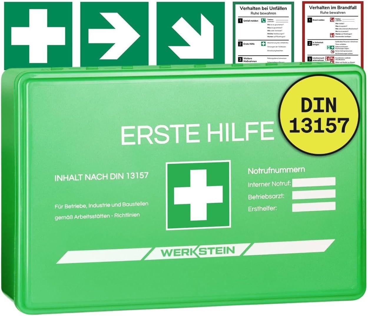 Werkstein Erste-Hilfe-Koffer, Erste Hilfe Kasten Small, DIN 13157, Wandhalterung & 5x Aufkleber, (Verbandskasten Betrieb), Verbandskasten DIN 13157 für Betriebe, Einrichtungen & Zuhause