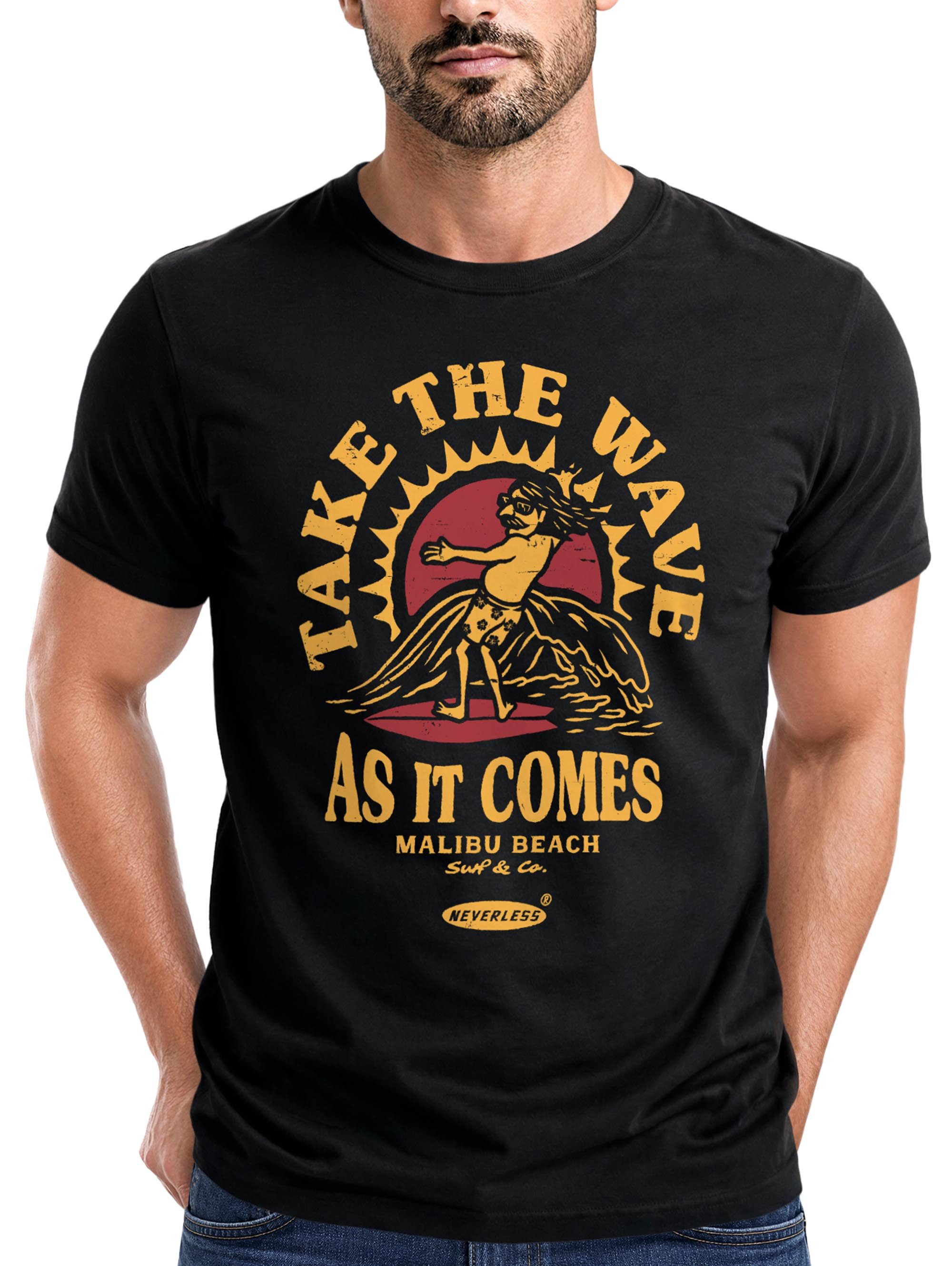 Neverless Print-Shirt Herren T-Shirt Surfer Spruch Take the Wave Welle Surfing Fashion mit Print