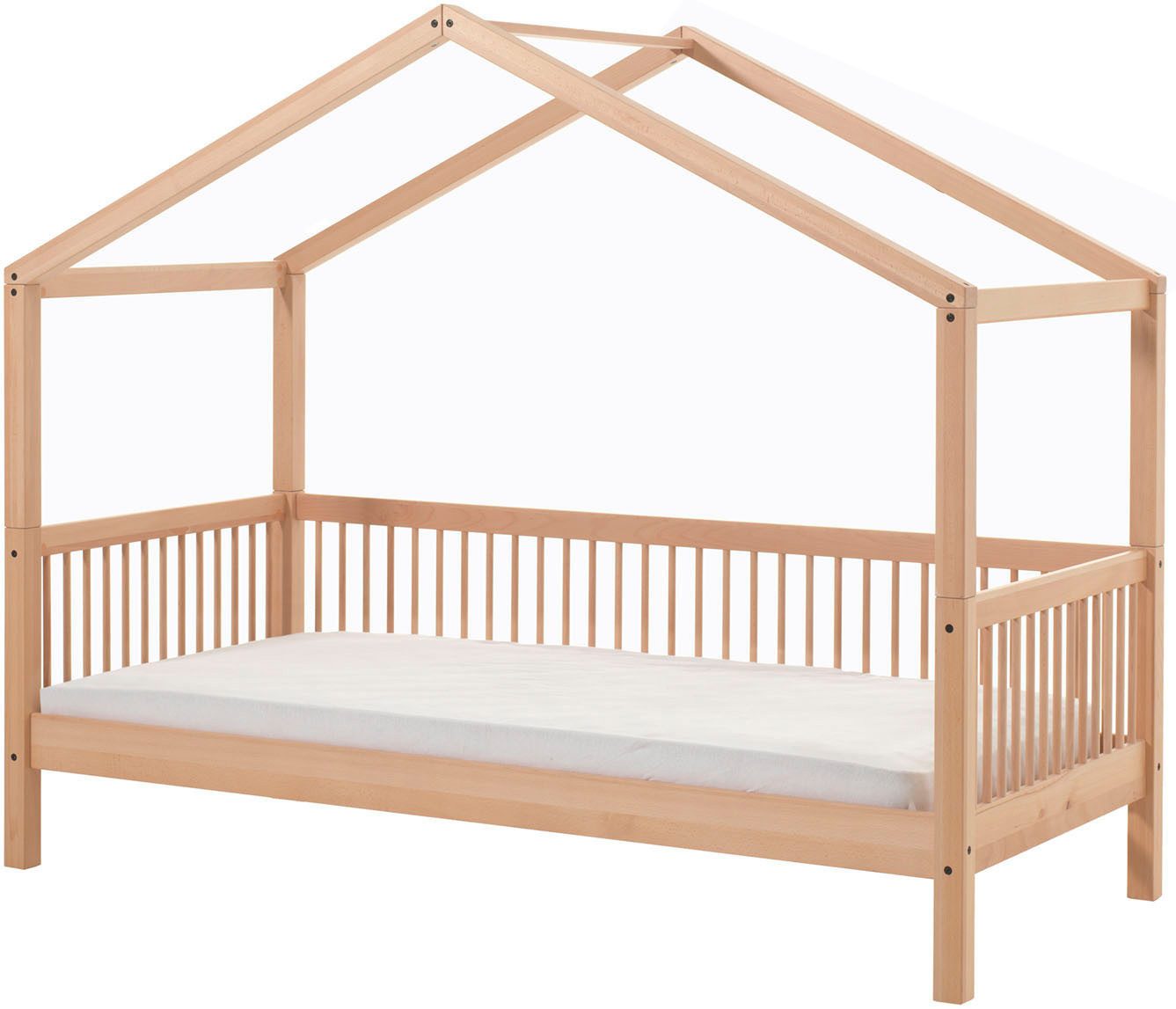 Vipack Hausbett Forrest mit hochwertiger und stabiler Verarbeitung, Made in Europe (Buche massiv natur, 90/200 cm, inkl. Bettschublade auf Rollen), wahlweise ohne oder mit Textilhimmel