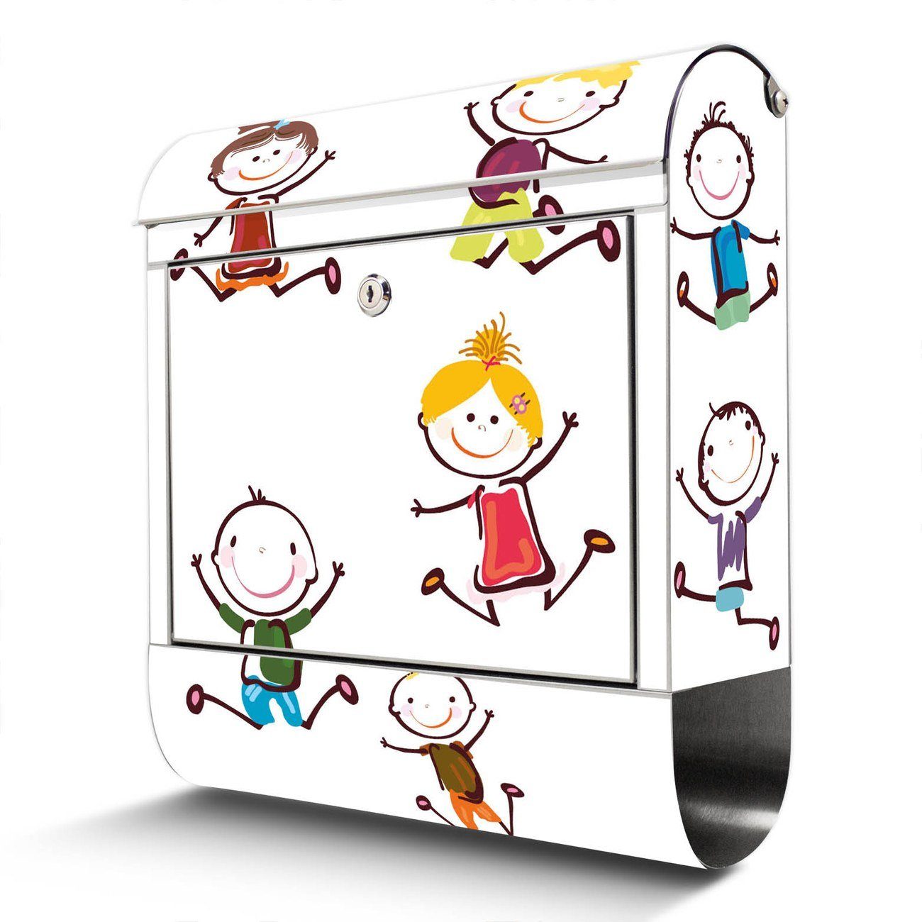 banjado Wandbriefkasten Edelstahl Happy Kids (Wandbriefkasten groß, mit Zeitungsfach), 38 x 42,5 x12cm