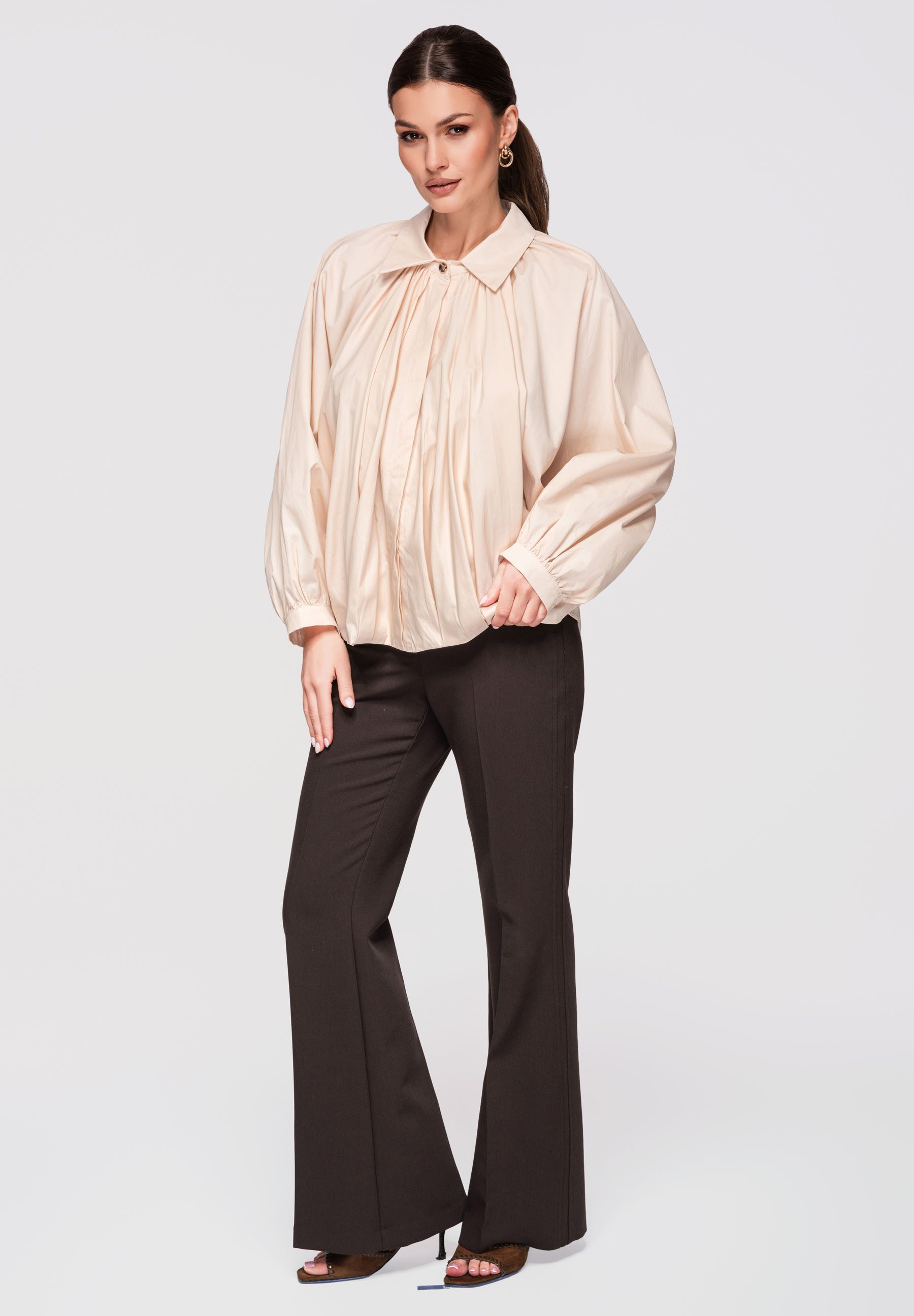 OMBRE Hemdbluse Damen Oversize Baumwollbluse mit Langarm Beige ONESIZE (kein Set, 1-tlg) Oversize-Passform, elastische Abschlüsse