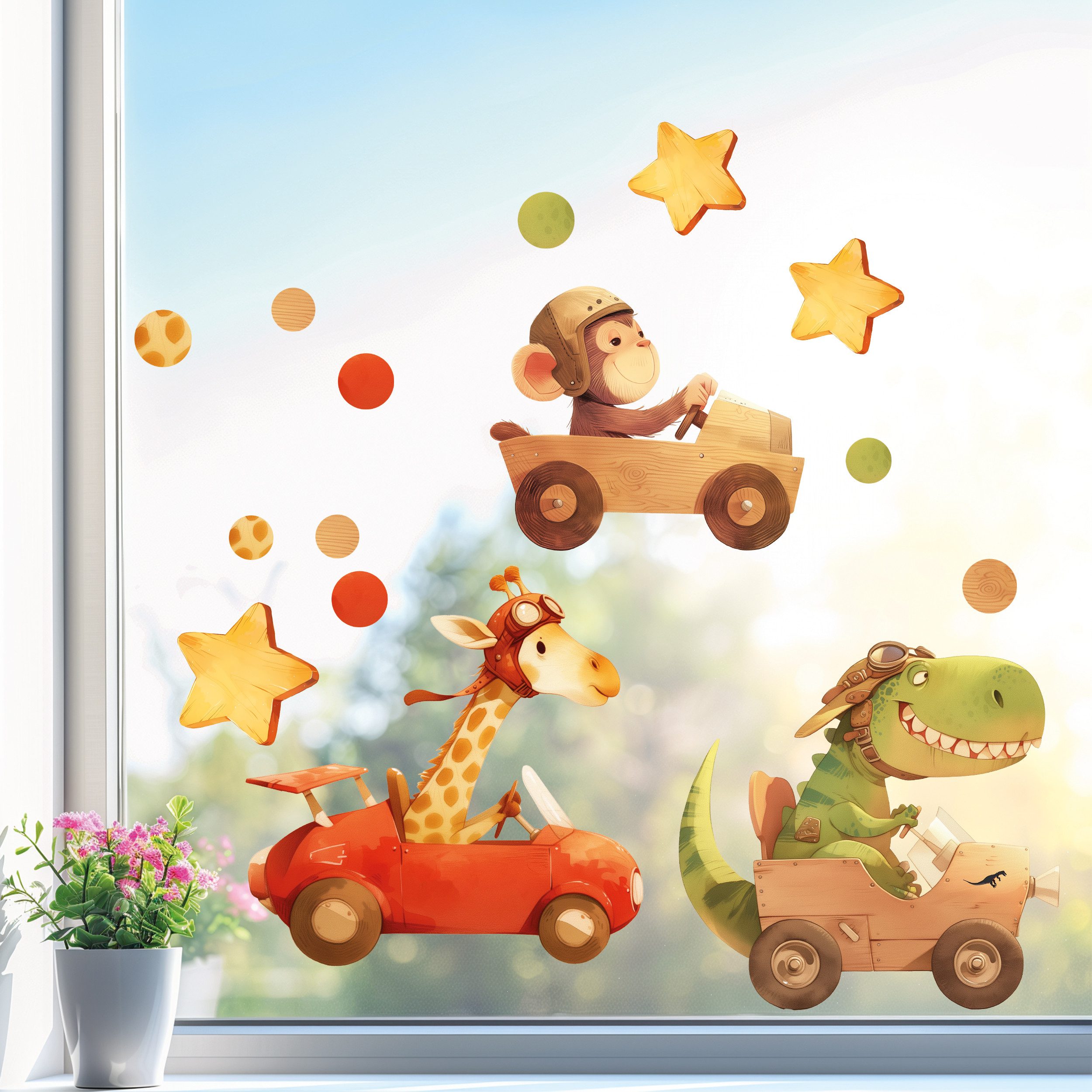Sunnywall Fensterbild wiederverwendbares Fensterbild Wildtiere in Rennautos in Holz-Optik, wiederverwendbar, statisch haftend, beidseitiger Druck