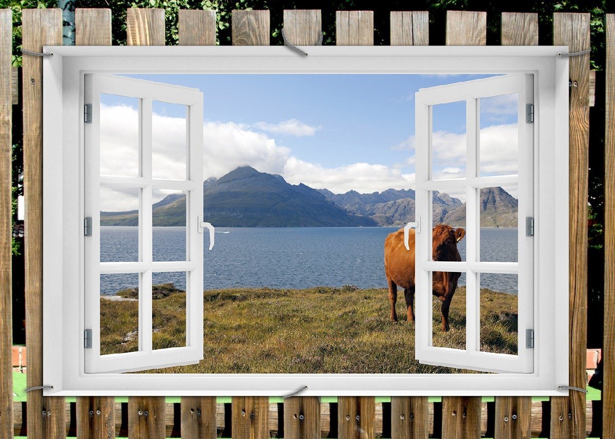 Thumbnail - Wallario Sichtschutzzaunmatten Kuh in den Bergen, mit Fenster-Illusion