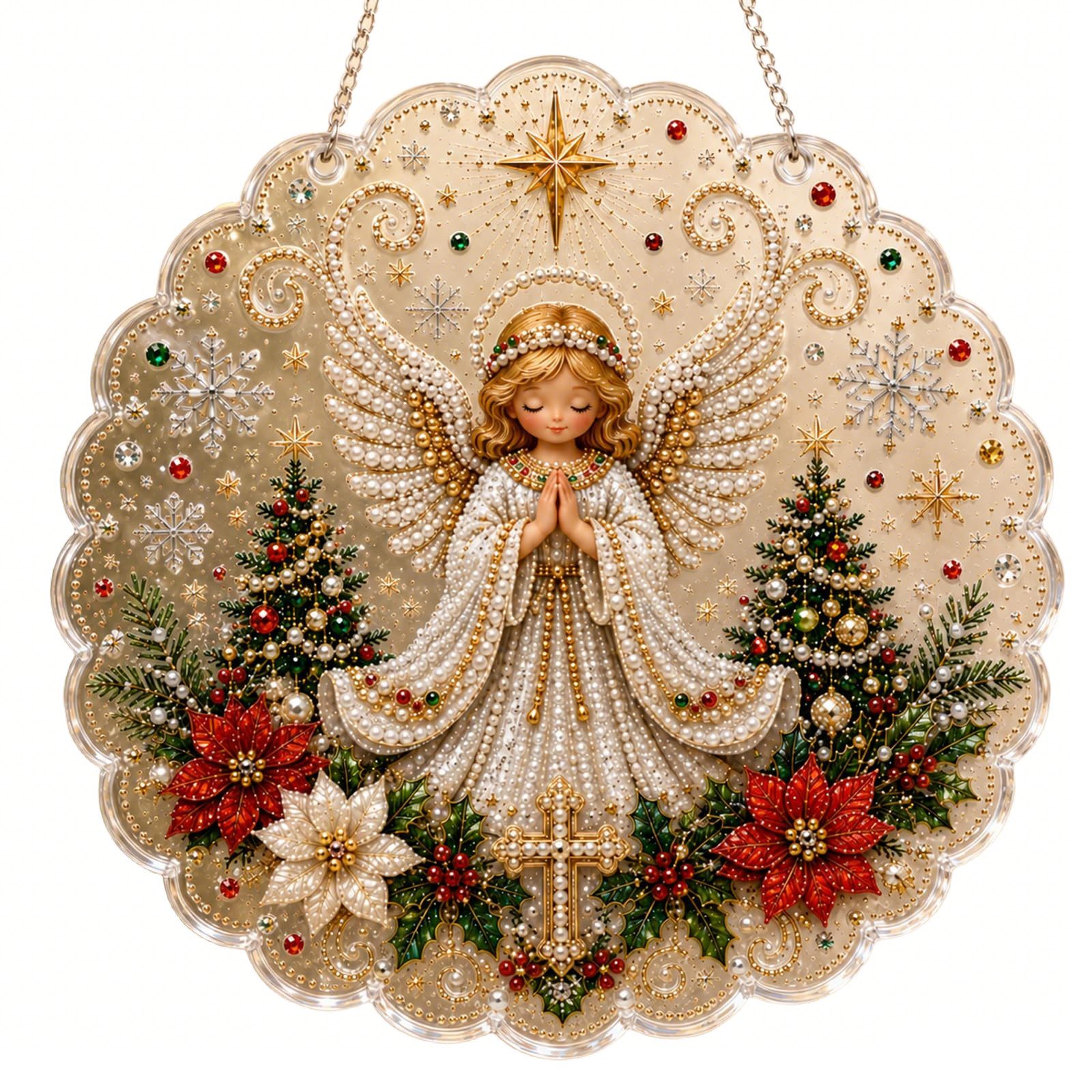 Bomiclss Kreativset Weihnachtsschmuck mit Perle und Diamant,Verfügt über 3D-Perlen, Runder Acryl-Anhänger mit Spitzenbordüre für Weihnachtsbaum