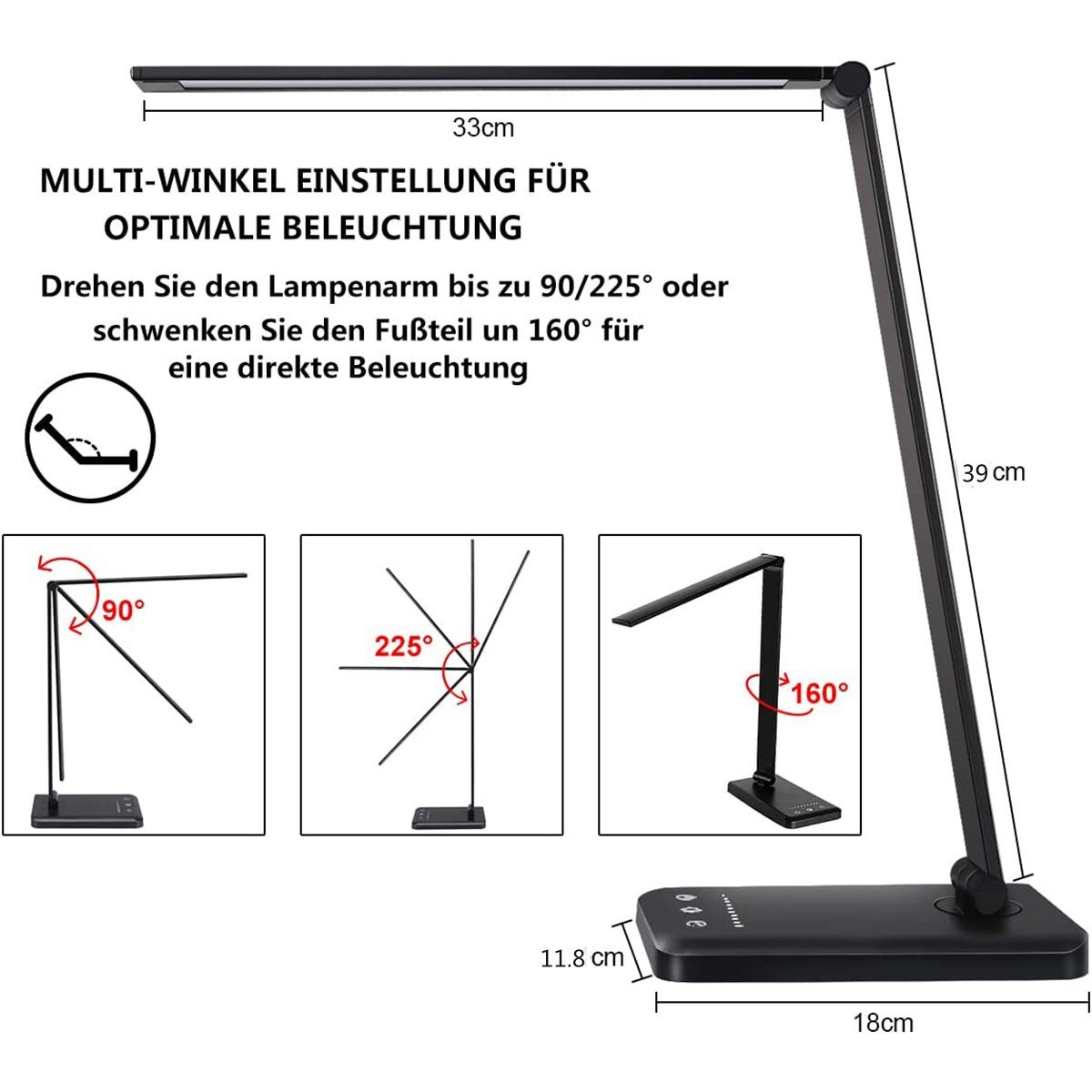 Helligkeitsstufen Tischleuchte Laden USB-Anschluss,Wireless Schwarz LED und 5 Schreibtischlampe Farb Nachttischlampe, 10 Dimmbare XDeer LED Schreibtischlampe