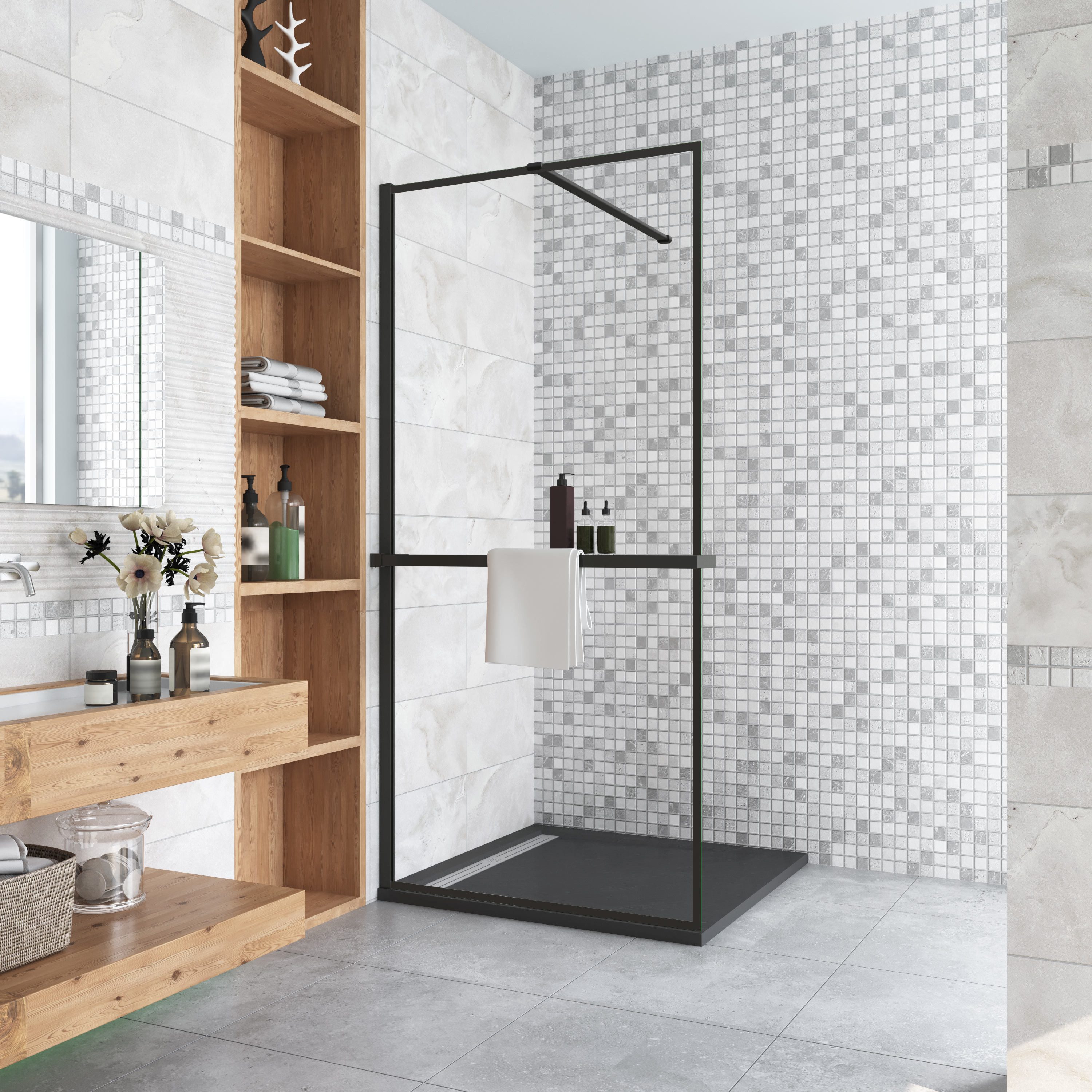 AICA Walk-in-Dusche 200cm Stabilisationsbügel Handtuchhalter schwarz walk in Dusche, Sicherheitsglas, Glas