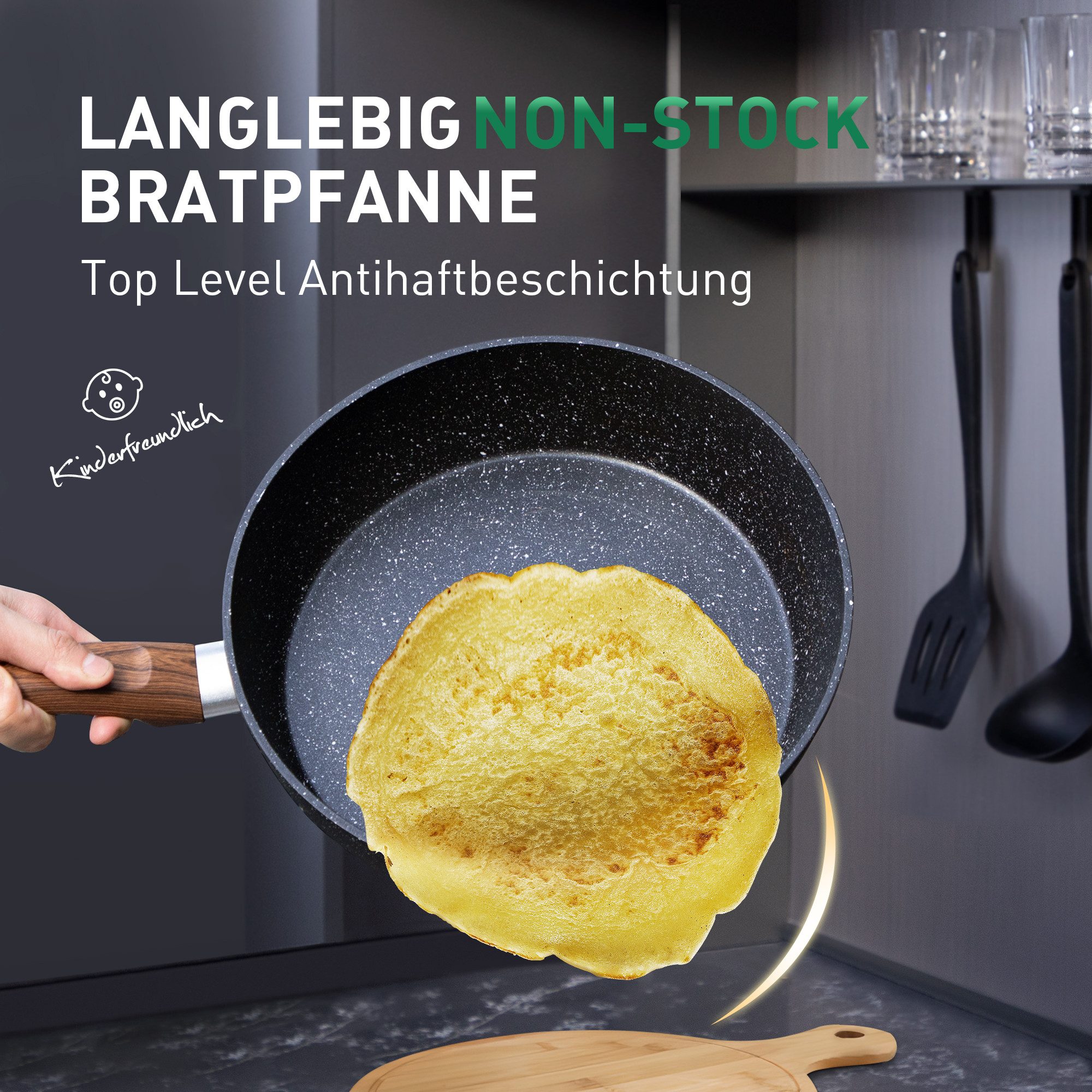 Kitchen Academy Topf-Set, Aluminium, Granit (12-tlg, Pfanne 20cm/28cm, Bratpfanne mit Deckel 24cm, Stielkasserolle mit Deckel 17cm/20cm/24cm, 2 Silikonspatel), Induktion Töpfe Set 12-teilige Granit Kochtöpfe Set