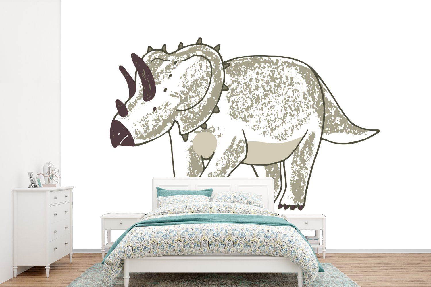 MuchoWow Fototapete Kinderzimmer - Triceratops - Dinosaurier - Jungen - Mädchen - Kinder, Matt, bedruckt, (6 St), Wallpaper für Wohnzimmer, Schlafzimmer, Kinderzimmer, Vinyl Tapete