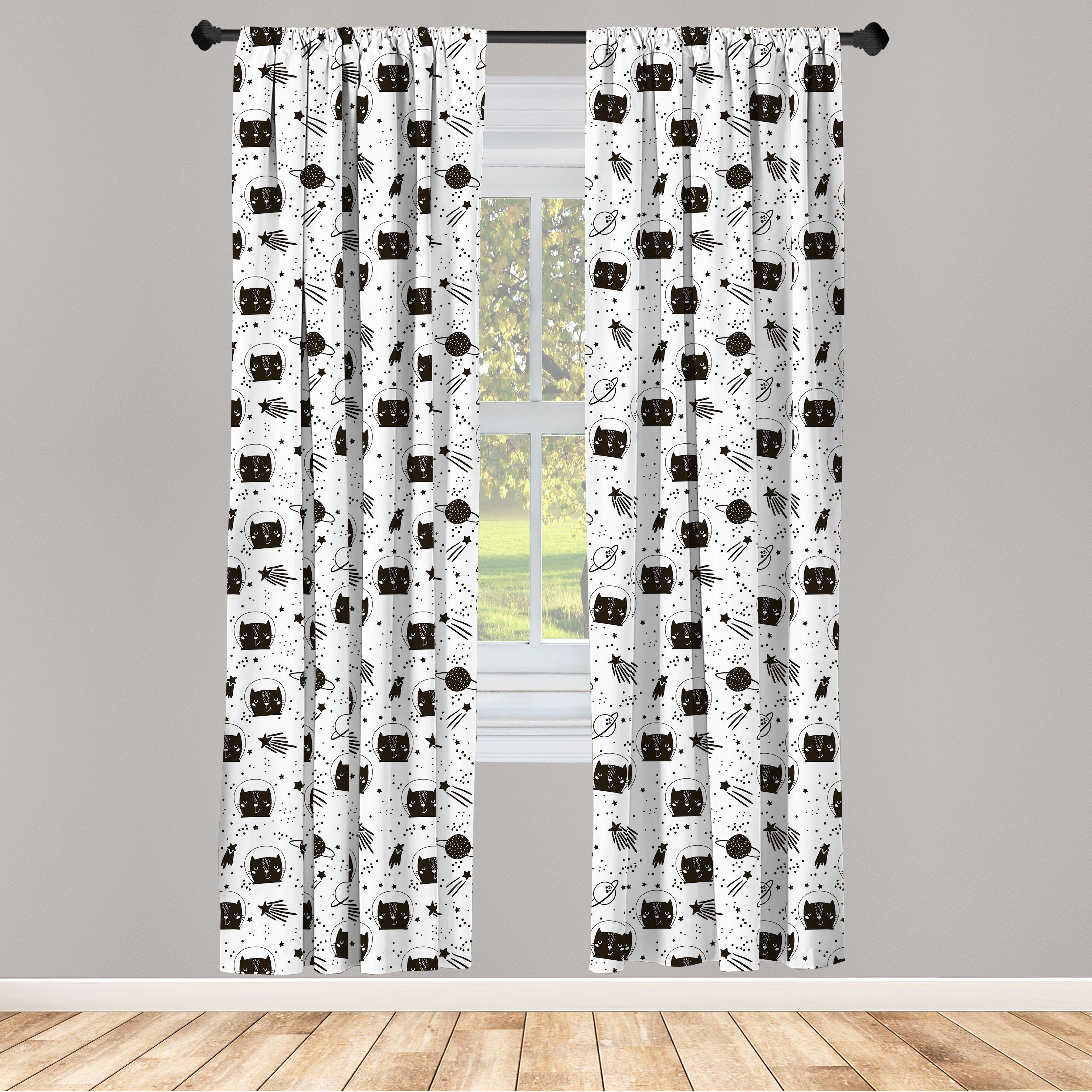 Gardine Microfaser, Wohnzimmer Schlafzimmer Dekor, im für Gekritzel Weltraum Katzen Abakuhaus, Vorhang