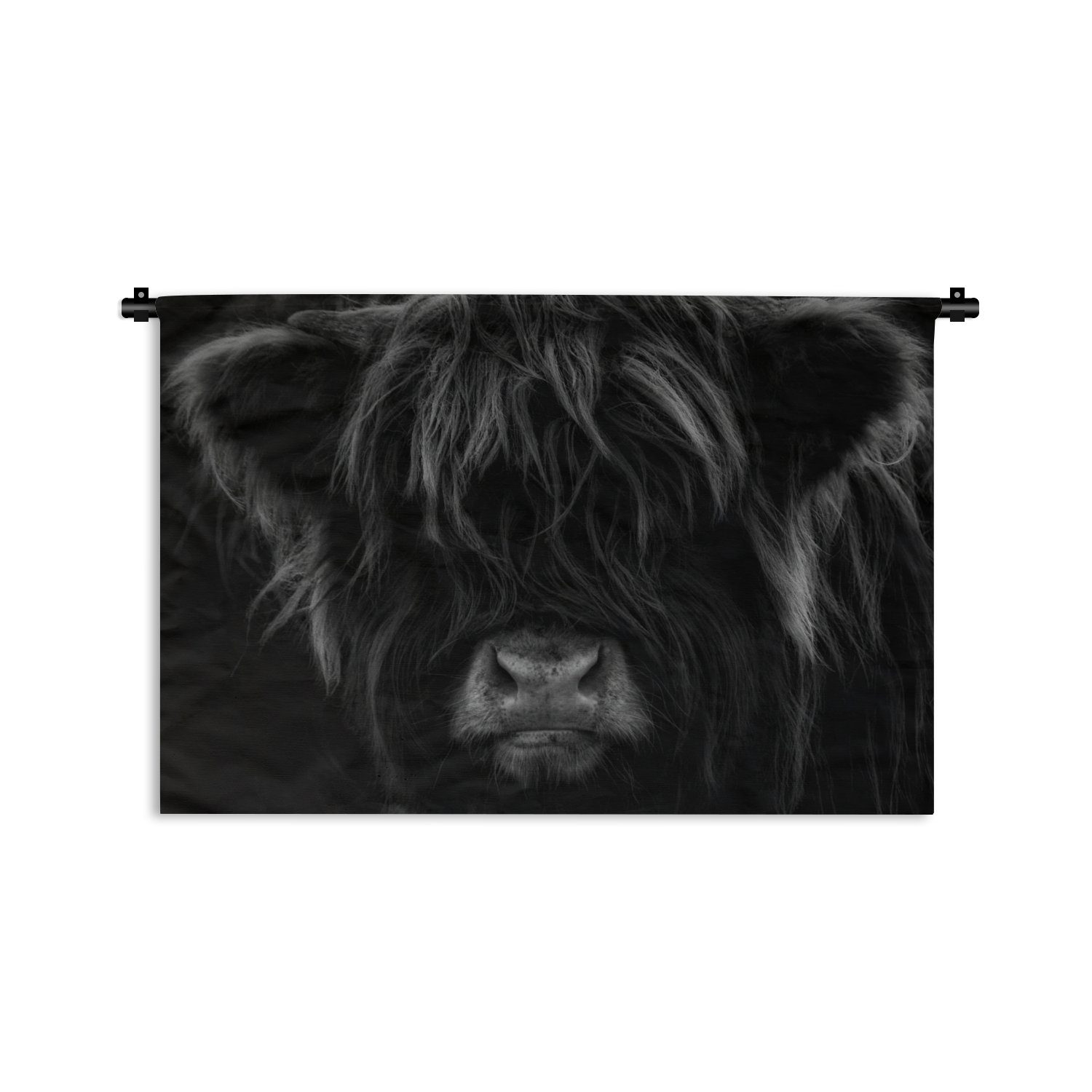 MuchoWow Wanddekoobjekt Schottischer Highlander - Kuh - Porträt - Tiere - Schwarz - Weiß, Wanddeko für Wohnzimmer, Schlafzimmer, Kleid, Wandbehang, Kinderzimmer