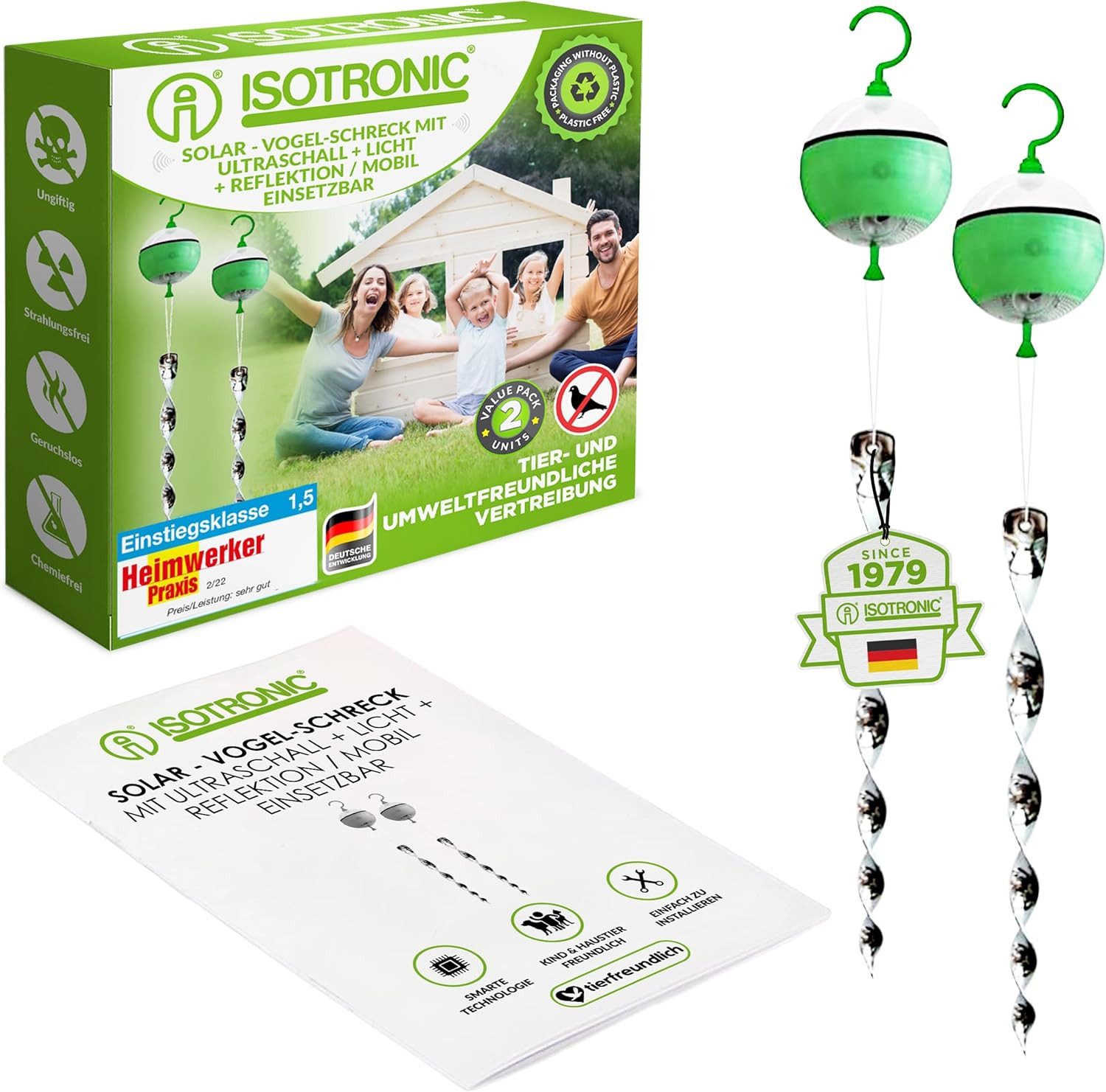 ISOTRONIC Ultraschall-Tierabwehr Isotronic Vogelschreck Ultraschall, blaues Licht & Reflektor, 1-tlg.