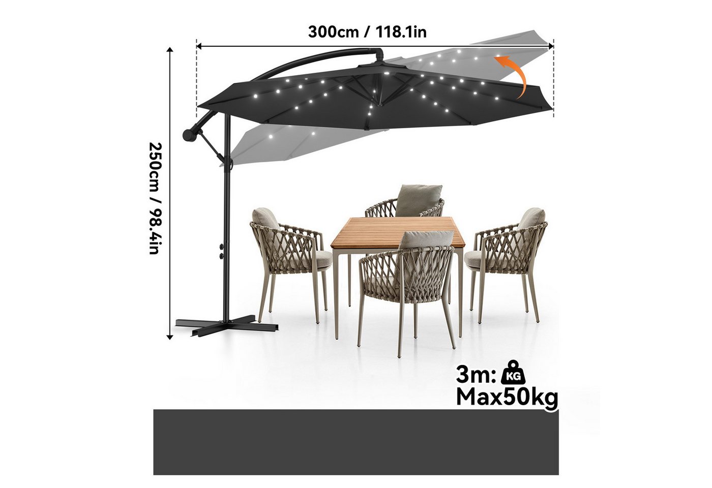 Thumbnail - AUFUN Sonnenschirm Balkonschirm mit kurbel/Solar LED, mit Ständer