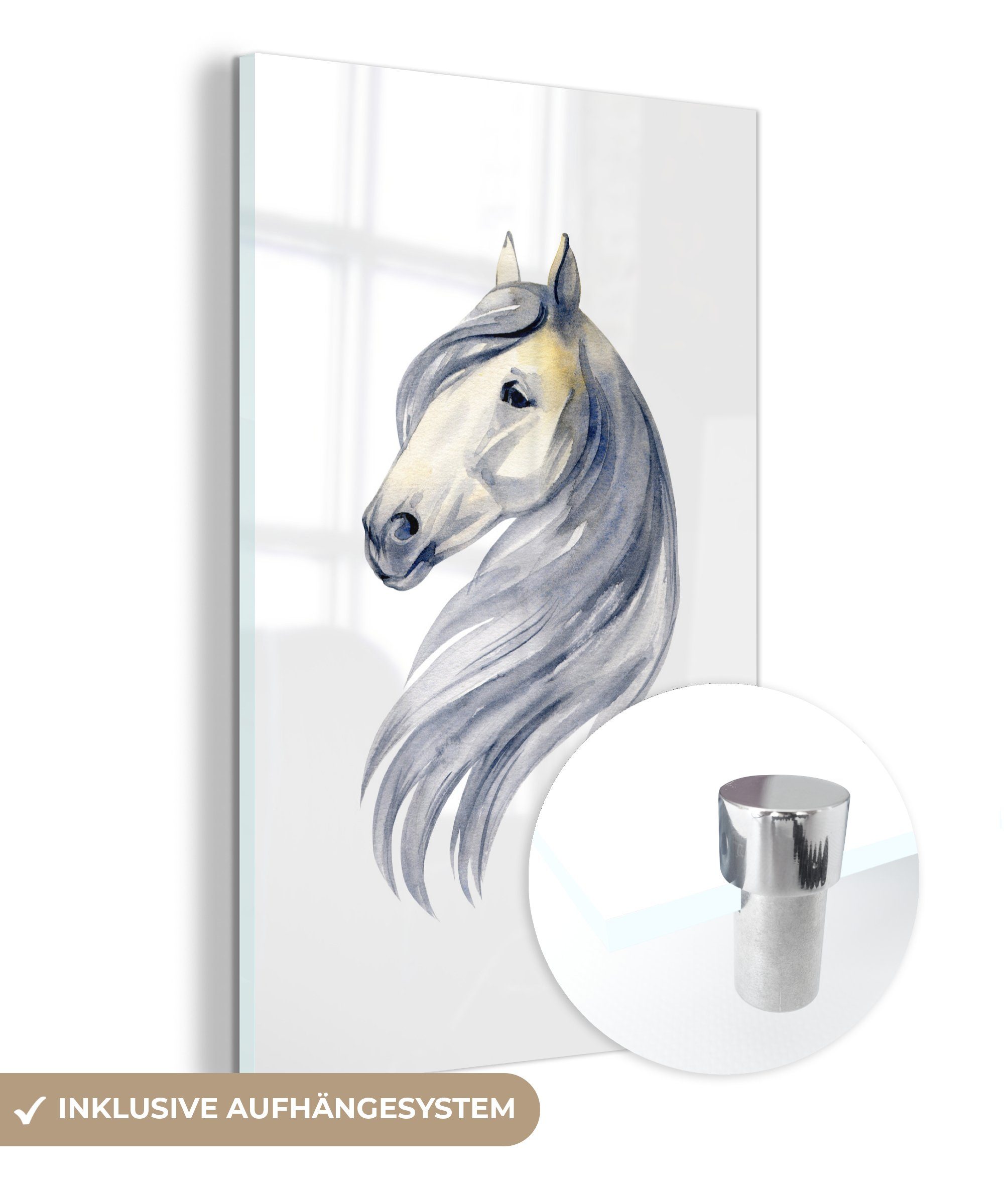 MuchoWow Acrylglasbild Pferd - Aquarell - Gelb - Mädchen - Kinder - Mädchen, (1 St), Glasbilder - Bilder auf Glas Wandbild - Foto auf Glas - Wanddekoration
