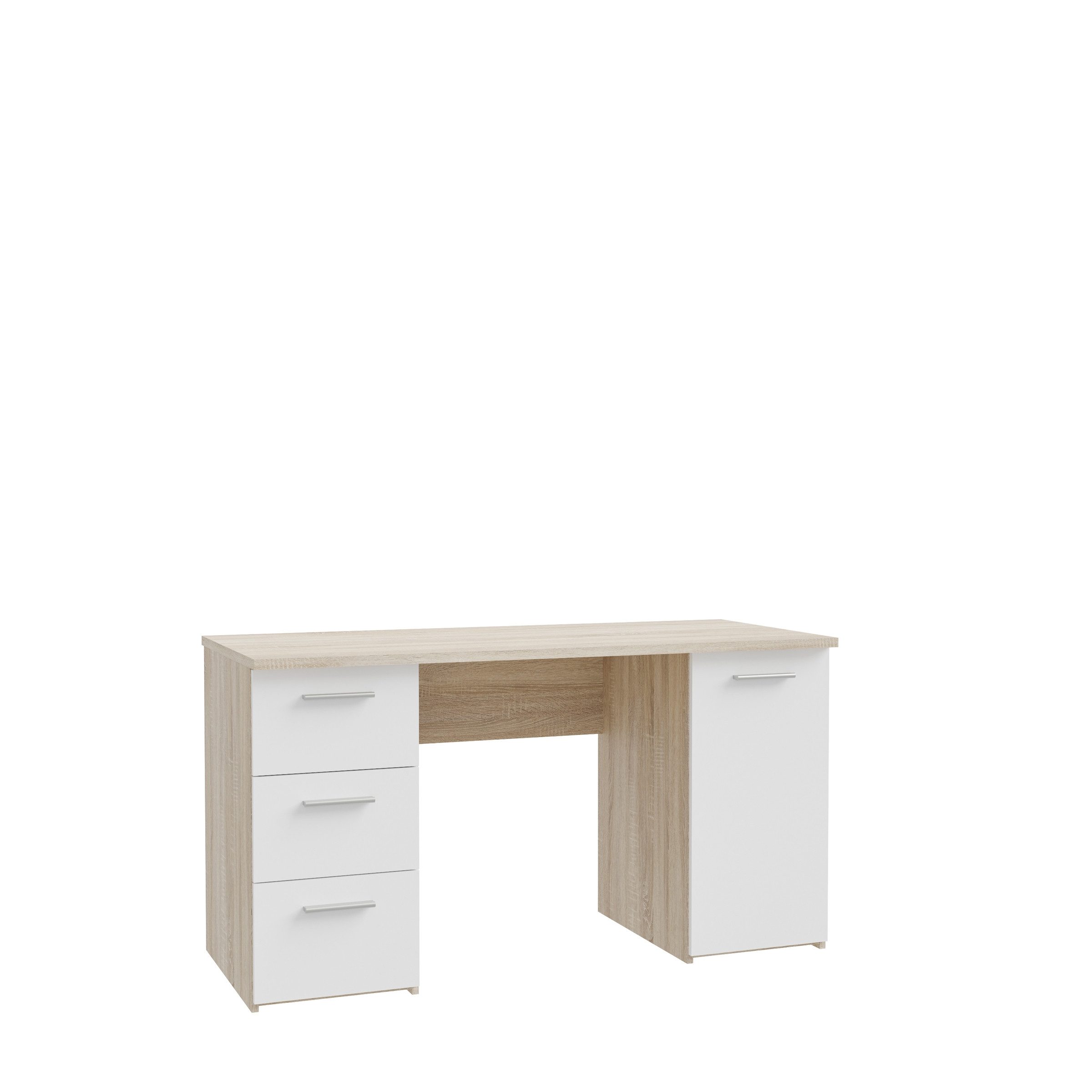 freiraum Schreibtisch NET307, 3 Schubladen, Tür, Weiß / Sonoma Eiche Dekor - 138,2x75,3x60cm (BxHxT)