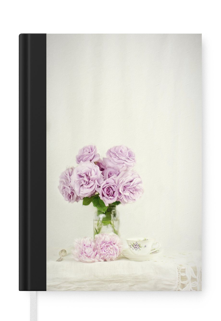 MuchoWow Notizbuch Blumenstrauß aus rosa Pfingstrosen an einer Teetasse, Journal, Merkzettel, Tagebuch, Notizheft, A5, 98 Seiten, Haushaltsbuch