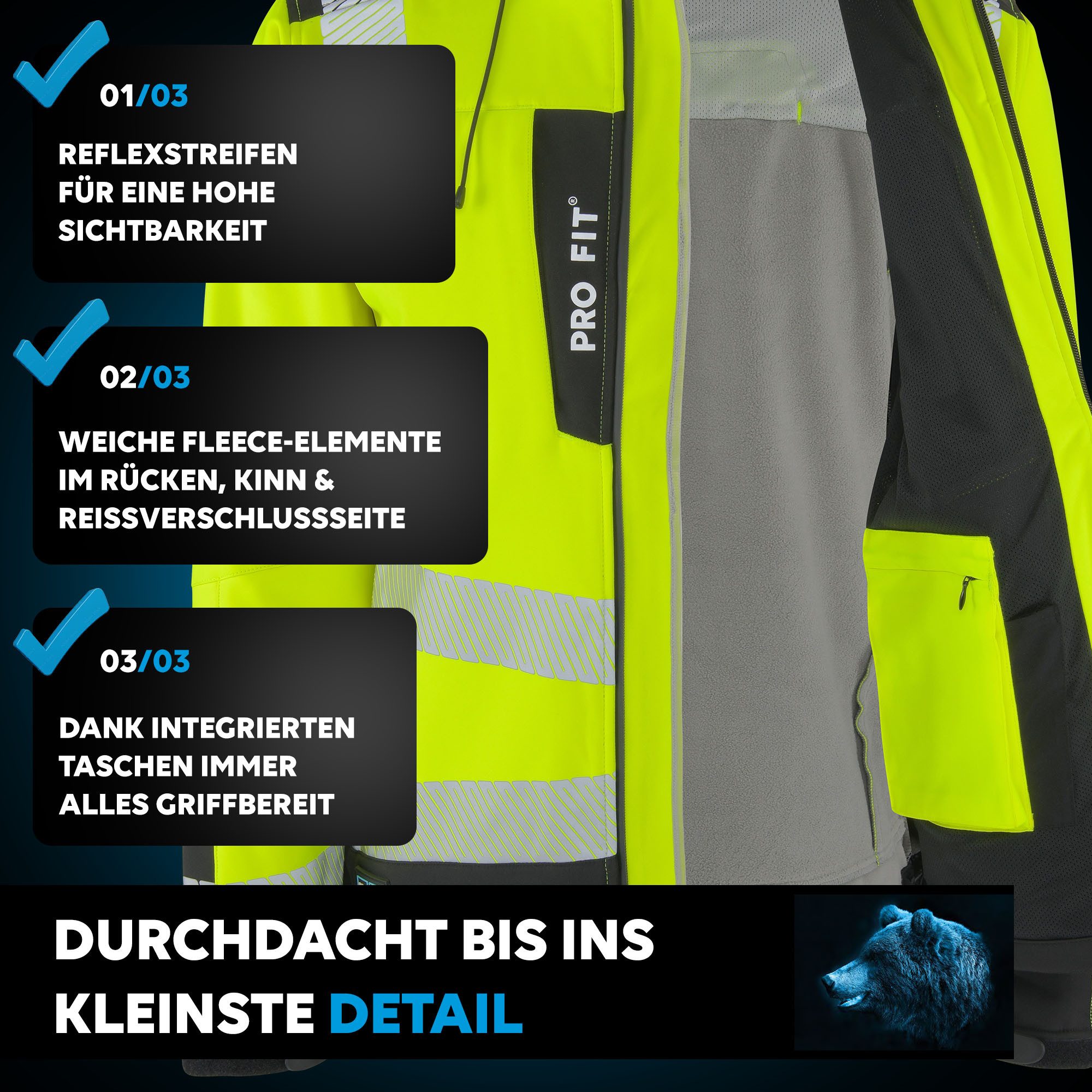 PRO FIT Arbeitsjacke Warnschutz Softshelljacke, Neongelb/Schwarz, Wasserabweisend, Winddicht, Abnehmbare Kapuze, Atmungsaktiv, Reflektor