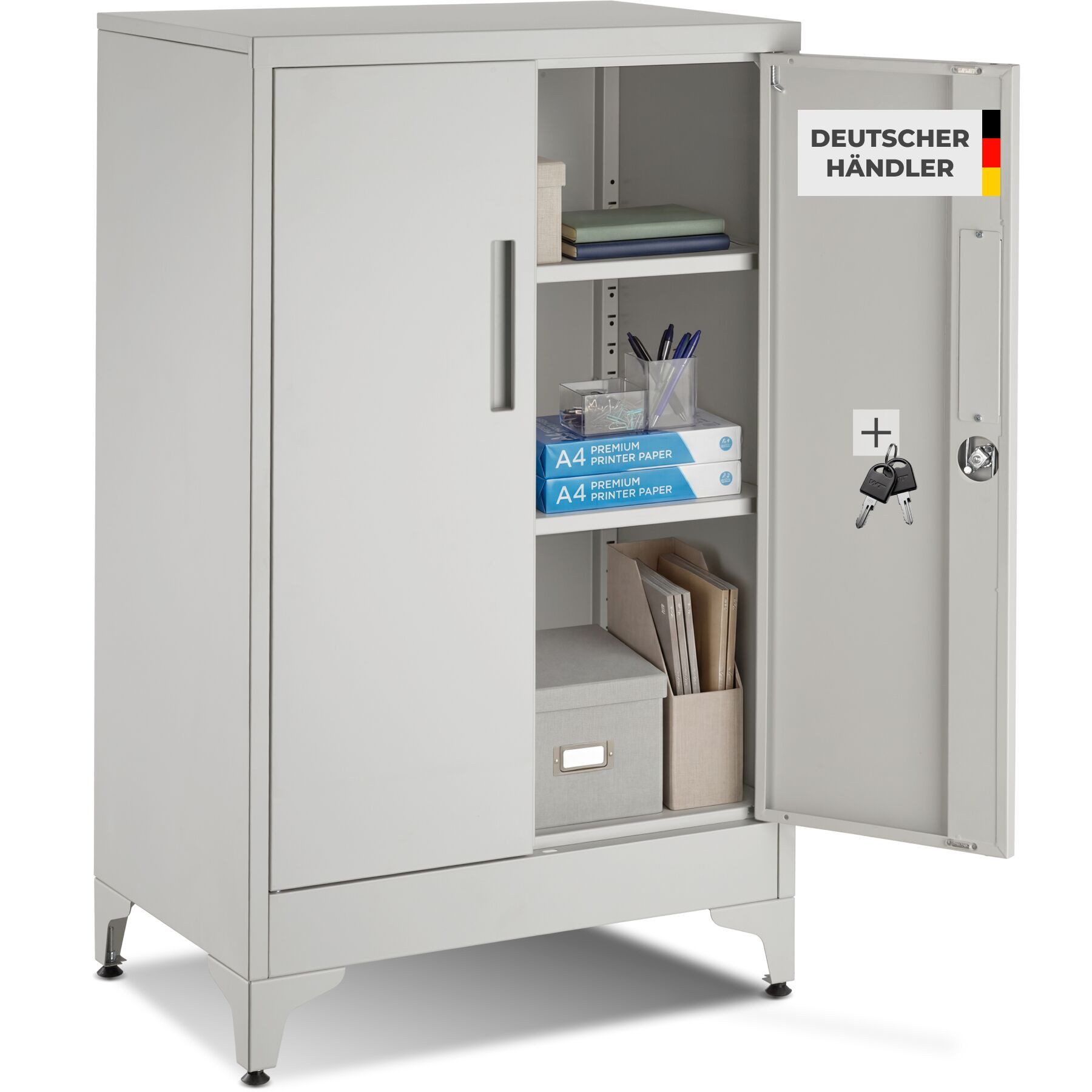 tectake Aktenschrank Dokumentenschrank aus Stahl, Kippschutz, abschließbar, 60 x 40 x (Büroschrank Blake, 1-St., in grau) 2 verstellbare Zwischenböden, mit Magnetverschluss, höhenverstellbar