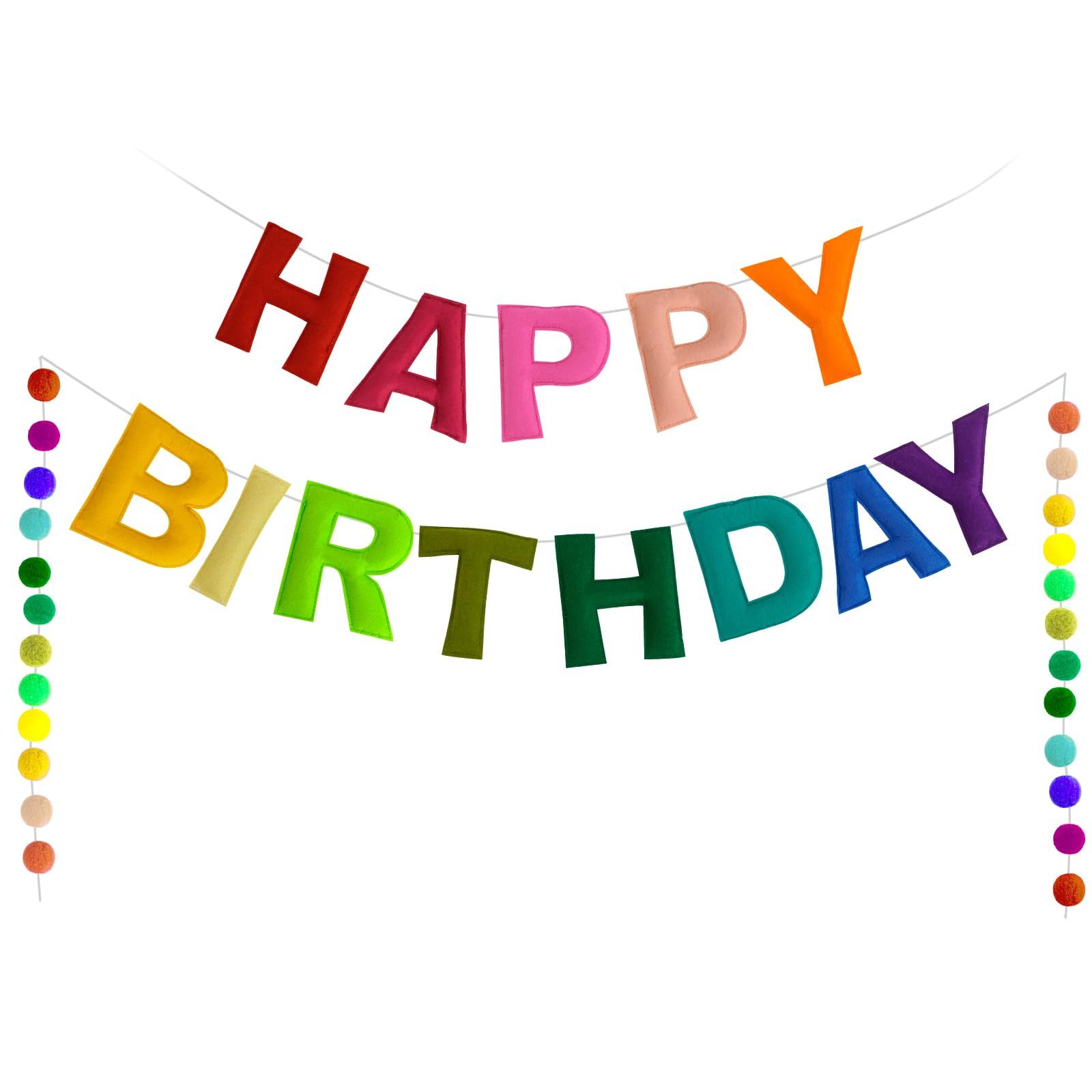 FOUORTUNATE-BEE Dekohänger Geburtstagsdeko, Happy Birthday Banner, Party Dekoration (Wiederverwendbare Wimpelkette mit Buchstaben & Filzkugeln, für Geburtstags Party deko)