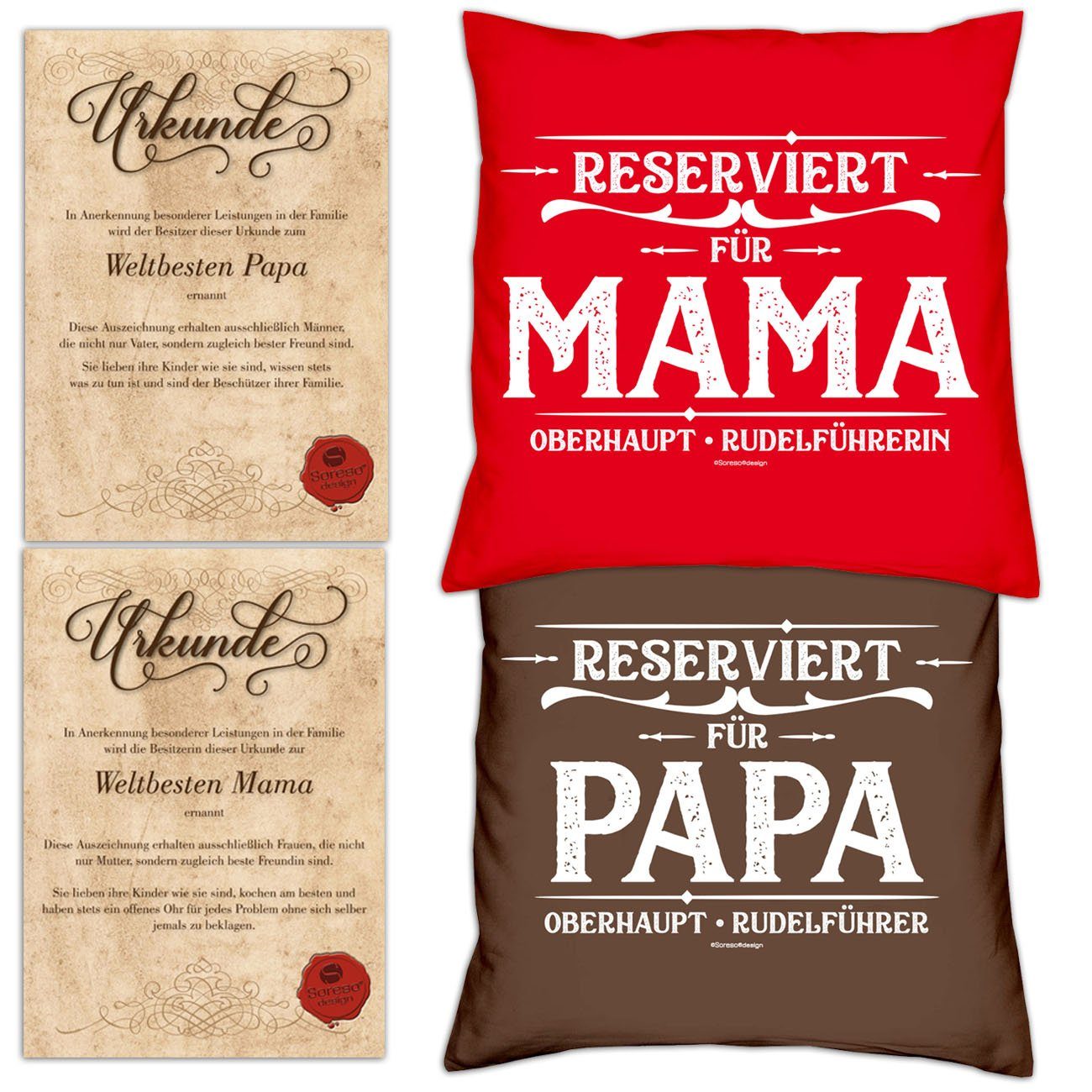 Soreso® Dekokissen Kissen-Set Reserviert für Papa Reserviert für Mama mit Urkunden, Weihnachtsgeschenk für Eltern rot | Dekokissen