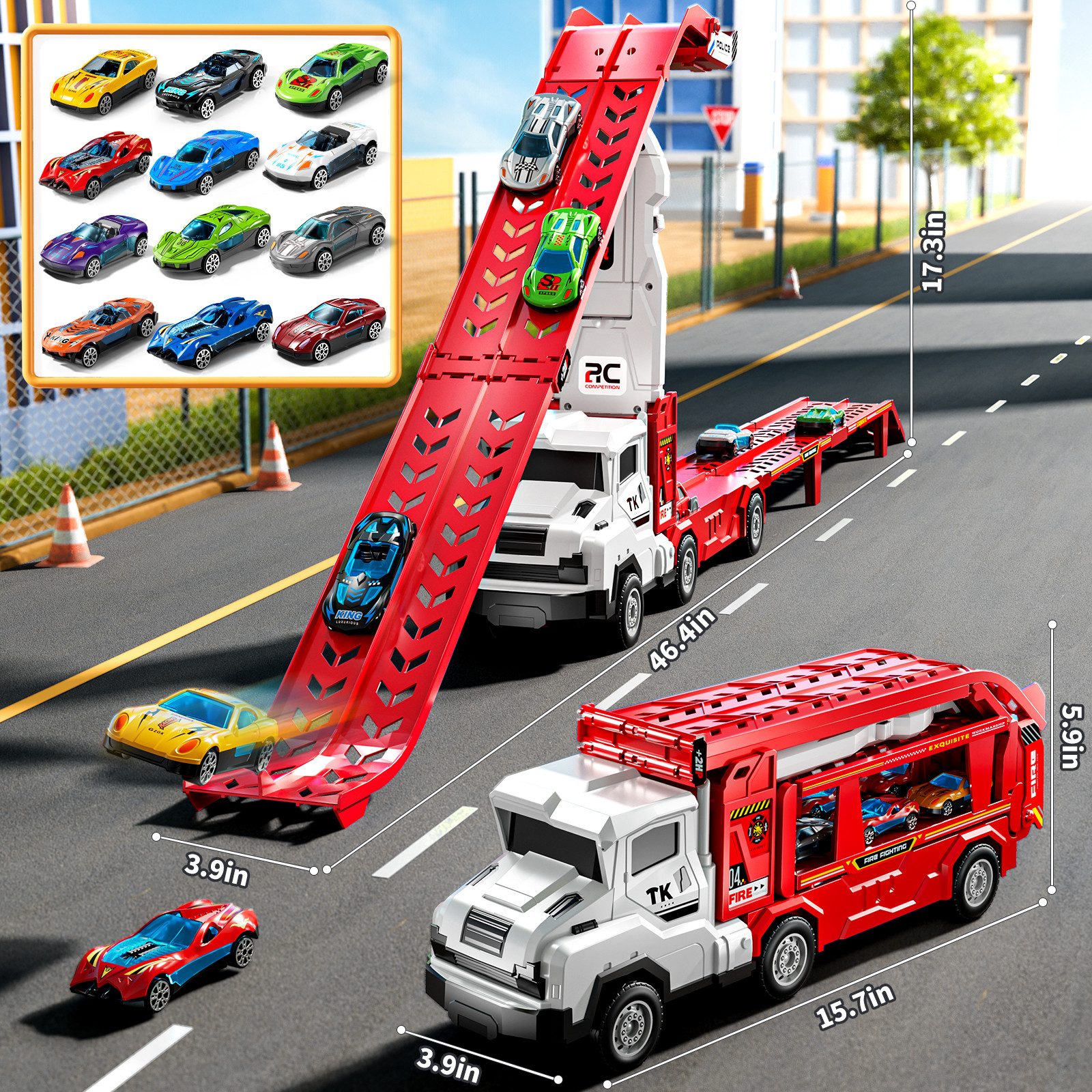 TEMI Spielzeug-Auto Transform Rennbahn LKW Spielzeug Set mit 12 Druckguss Autos