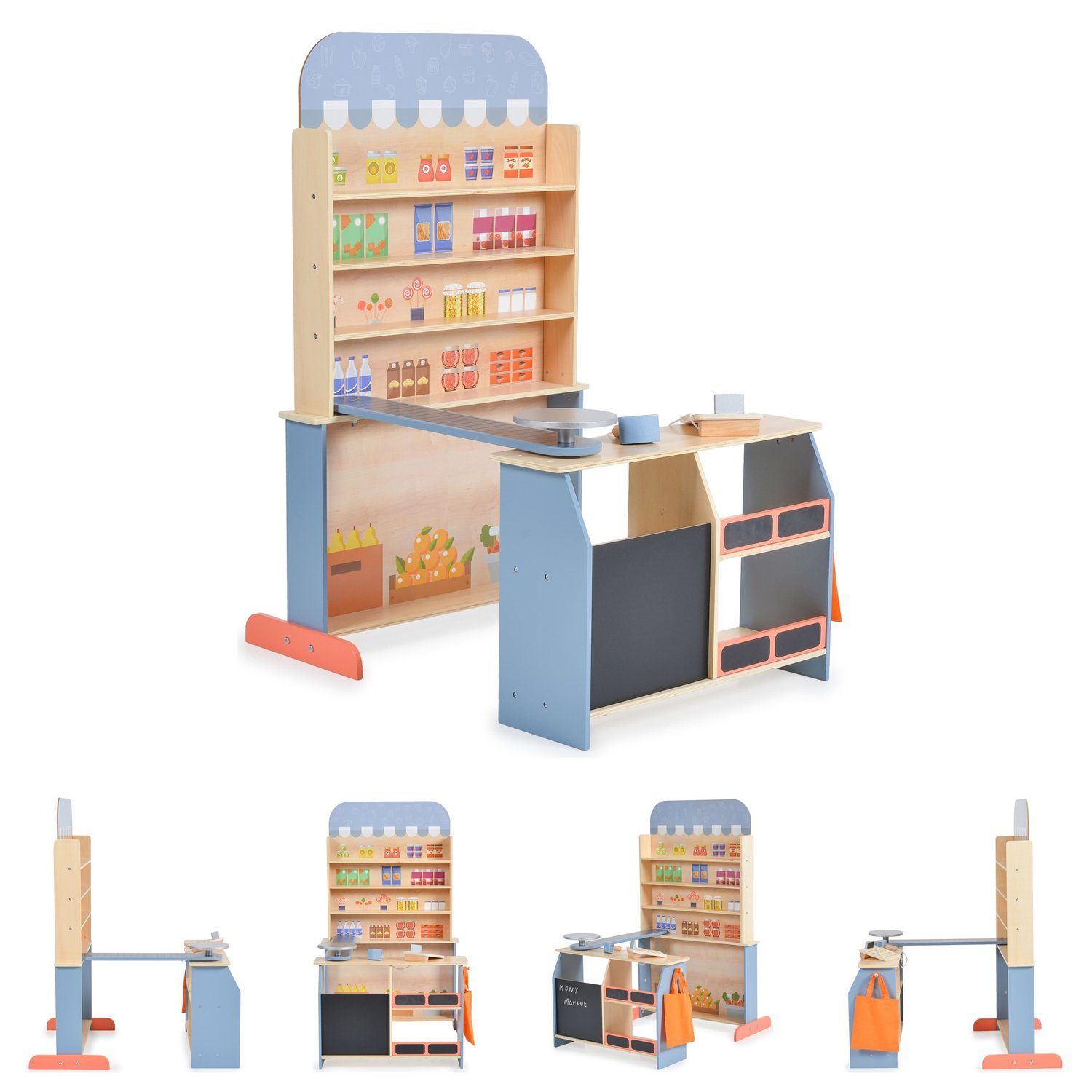 Moni Spiellebensmittel Kinder Kaufladen 4426 Holz, Supermarkt, Tafel,  Tasche, Kasse mit Scanner