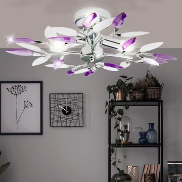 etc-shop Deckenleuchte, Leuchtmittel nicht inklusive, Deckenleuchte Deckenlampe Designlampe Lila Weiß Blätter Chrom