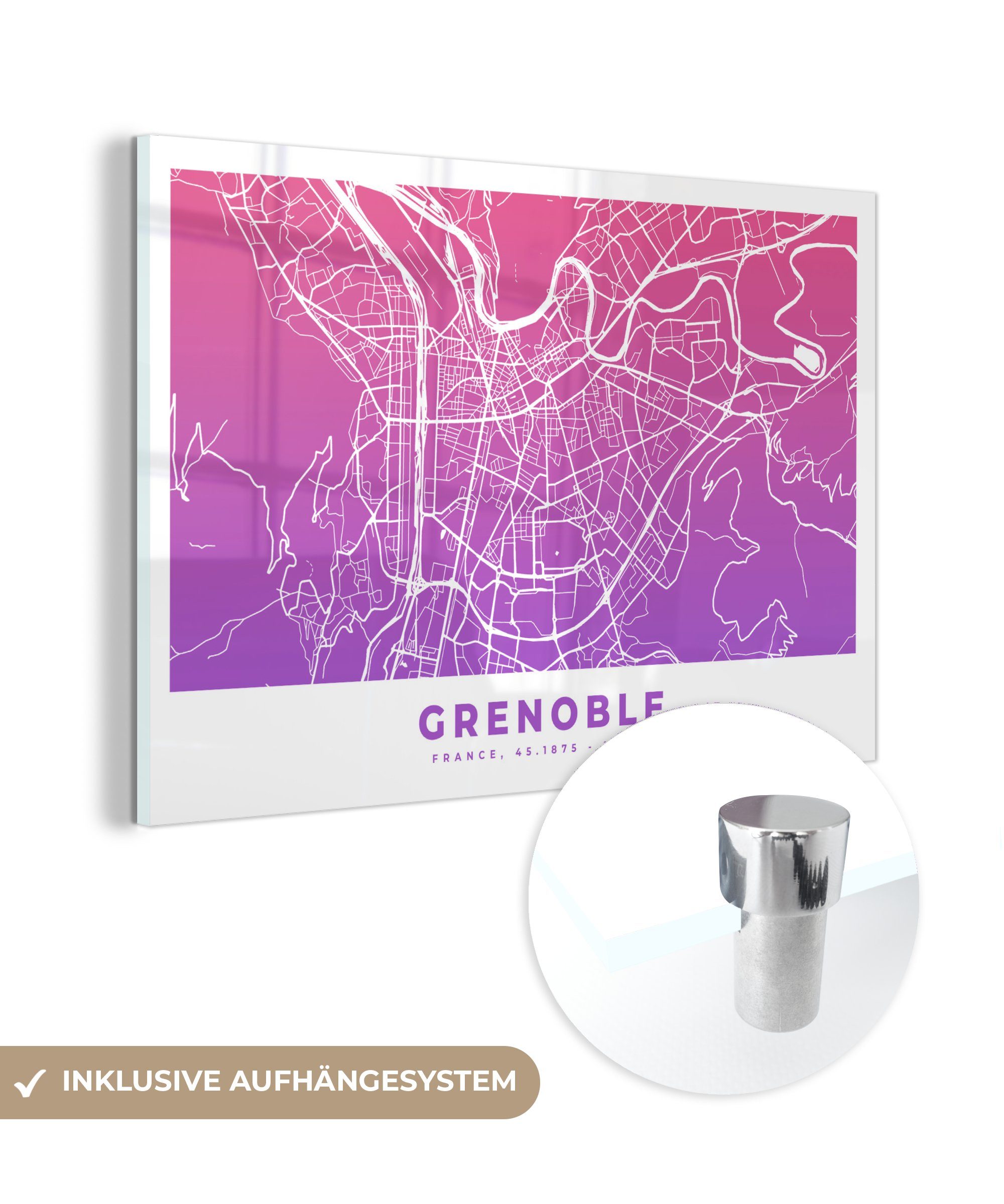MuchoWow Acrylglasbild Frankreich - Grenoble - Stadtplan, (1 St), Acrylglasbilder Wohnzimmer & Schlafzimmer