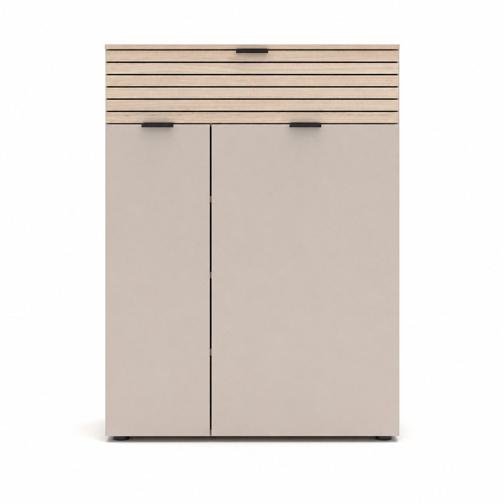 Lomadox Garderoben-Set ISCHIA-36, (Spar-Set, 2-St., Schuhkommode Spiegel), in Beige mit Eiche, mit Beleuchtung, Lamellenoptik