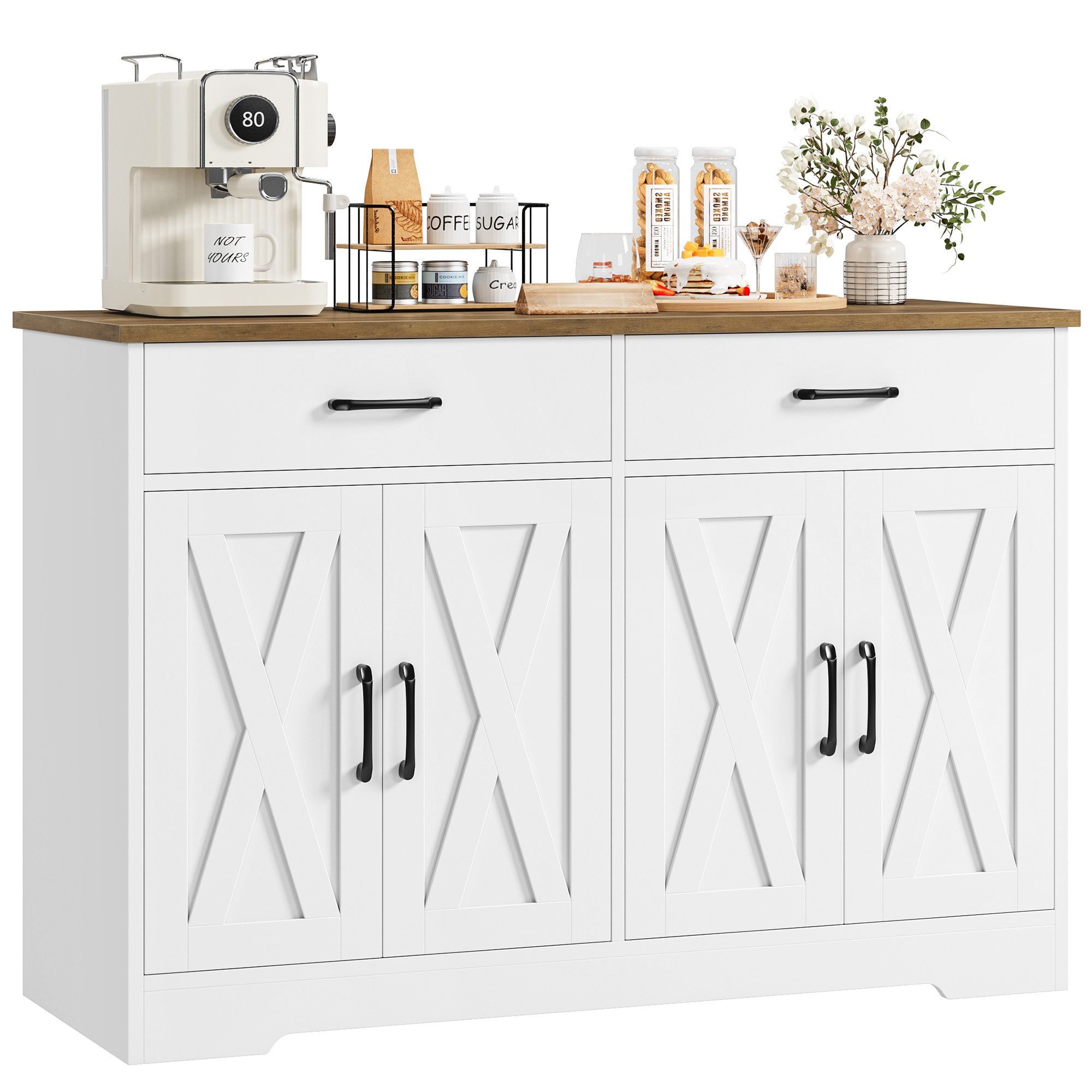 HOMECHO Buffet 120cm Breit Küchenschrank mit Arbeitsplatten, 2 Schubladen, 4 Türen