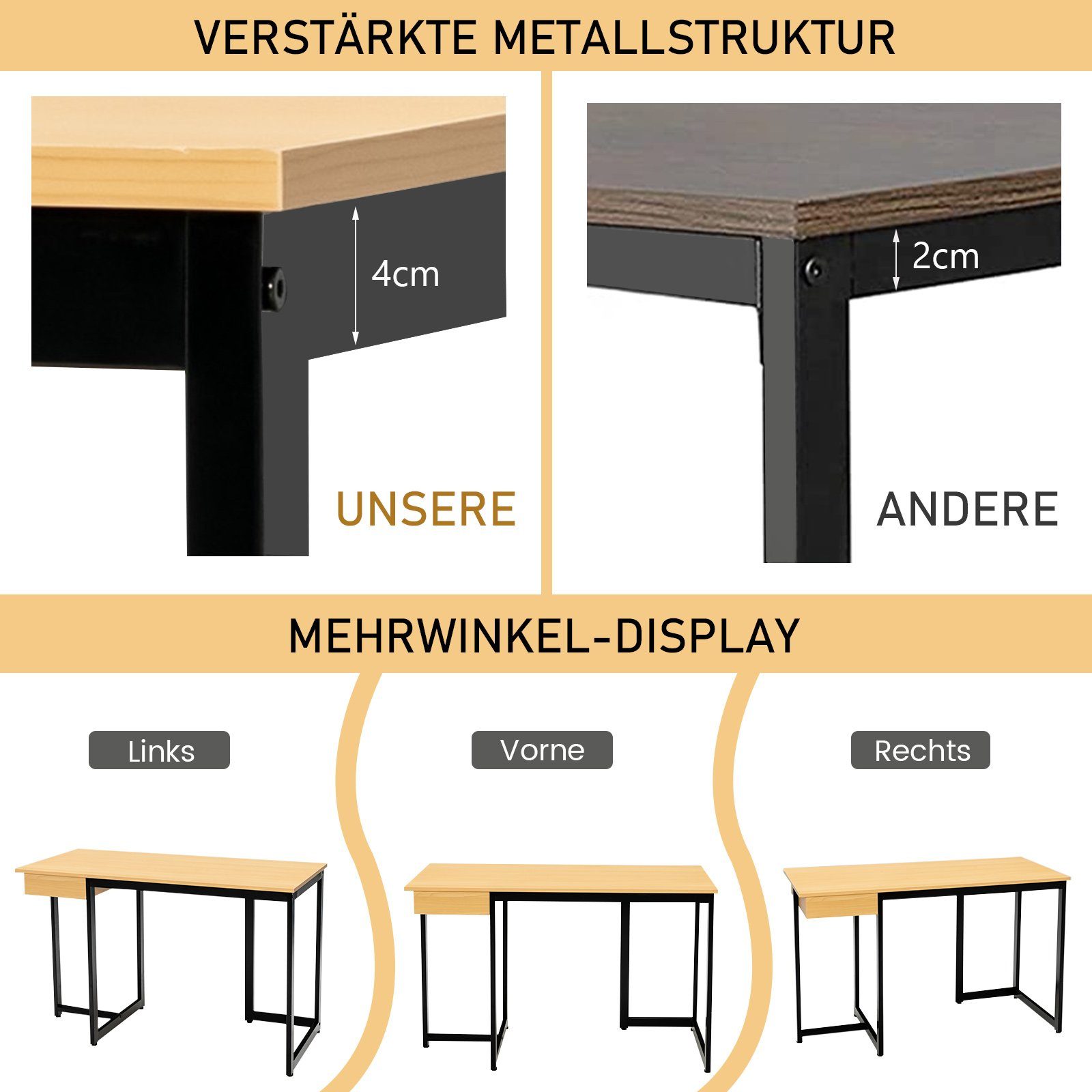 Natur Schublade, COSTWAY Holz, 120x55x75cm mit Schreibtisch, Metallgestell,