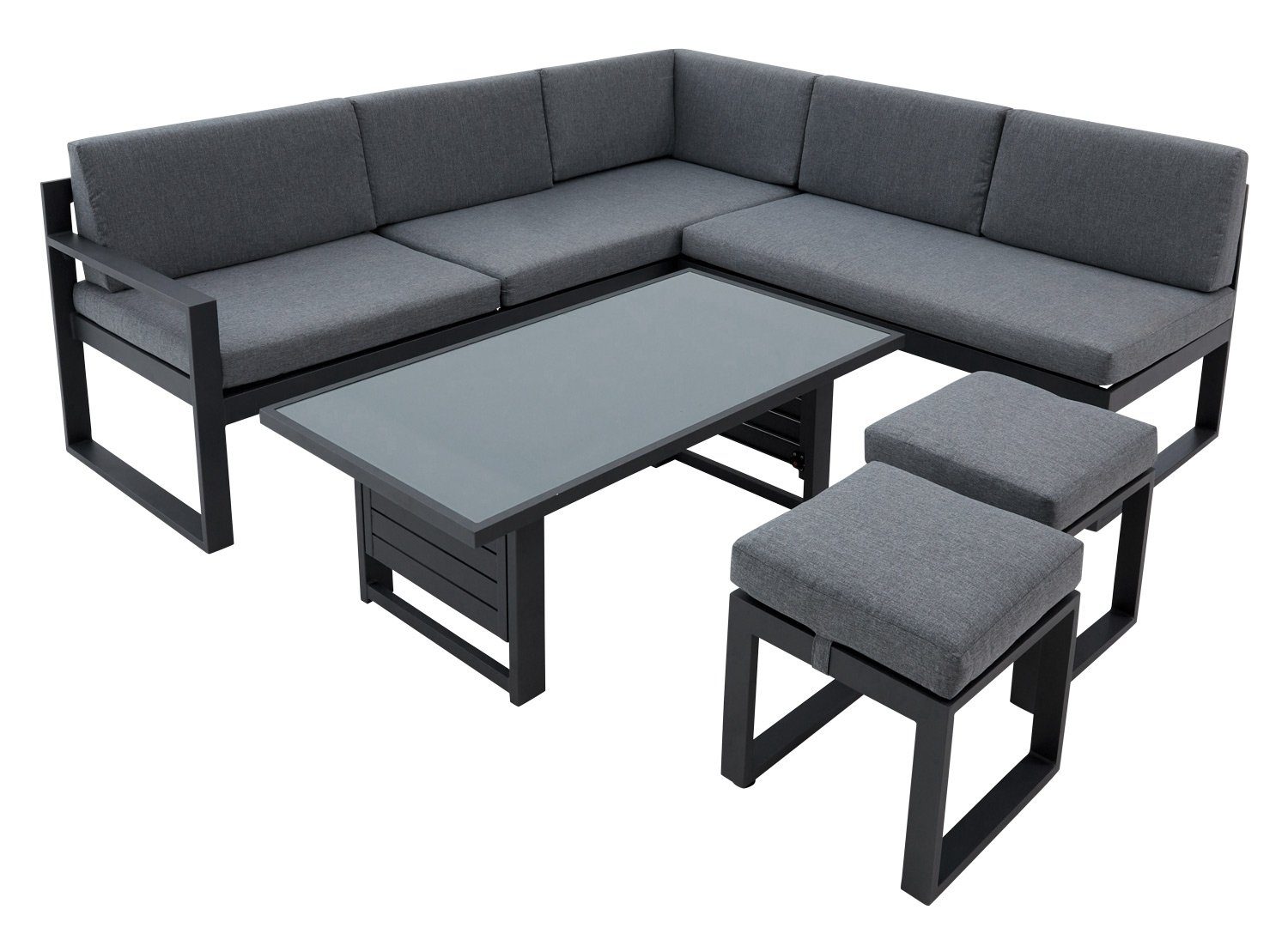 Outdoor Gartenlounge-Set LINA, mit Loungetisch & Hocker, Aluminium, Grau, (5-tlg), Anthrazit, mit Sitz- und Rückenkissen, Tischplatte aus Glas