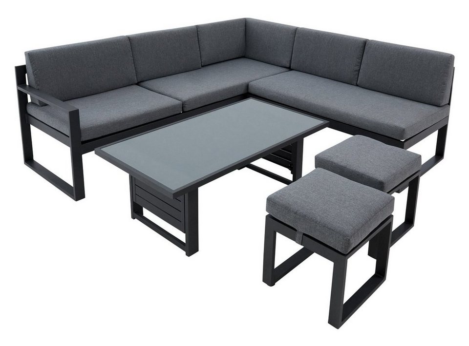 Tischplatte Gartenlounge-Set und Rückenkissen, aus Grau, Loungetisch Aluminium, Outdoor Sitz- Glas (5-tlg), Anthrazit, LINA, Hocker, & mit mit