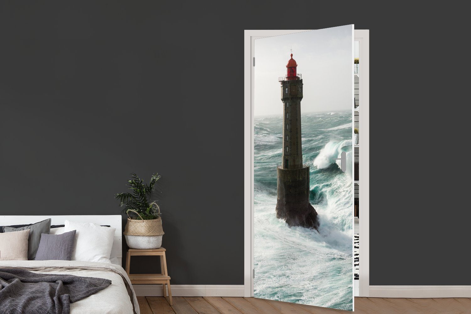 MuchoWow Türtapete Eine Welle (1 75x205 Leuchtturm cm Tür, bedruckt, für Fototapete hinter dem in La Matt, Frankreich, St), von Jument Türaufkleber