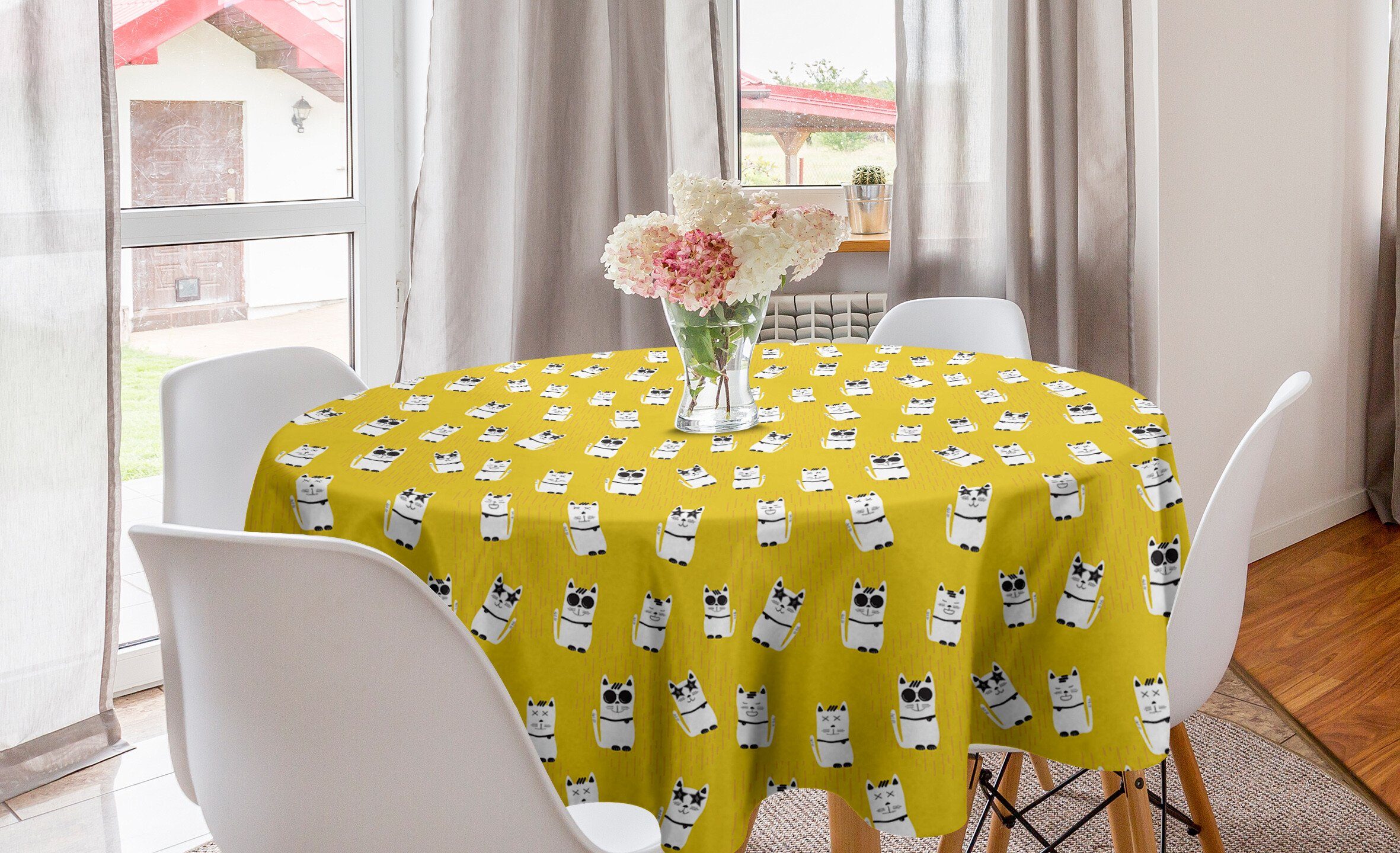 Abakuhaus Tischdecke Kreis Tischdecke Abdeckung für Esszimmer Küche Dekoration, Katze Kätzchen mit Sonnenbrille Cartoon