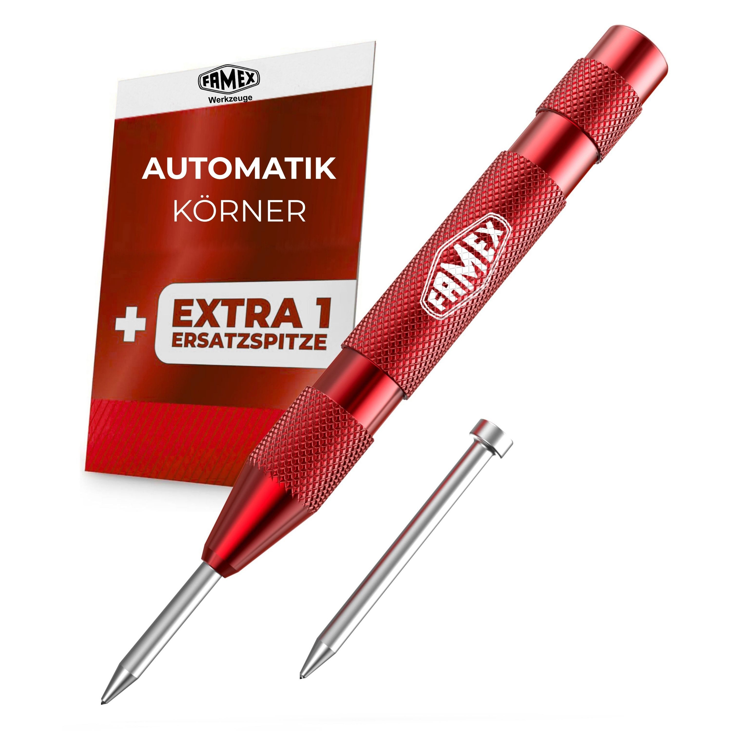 FAMEX Spatmeißel 8242 Automatik Körner, (schwere Ausführung, Ersatzspitze, 1-tlg., TOP-Qualität) HSS Stahl, einstellbar 50–100 N