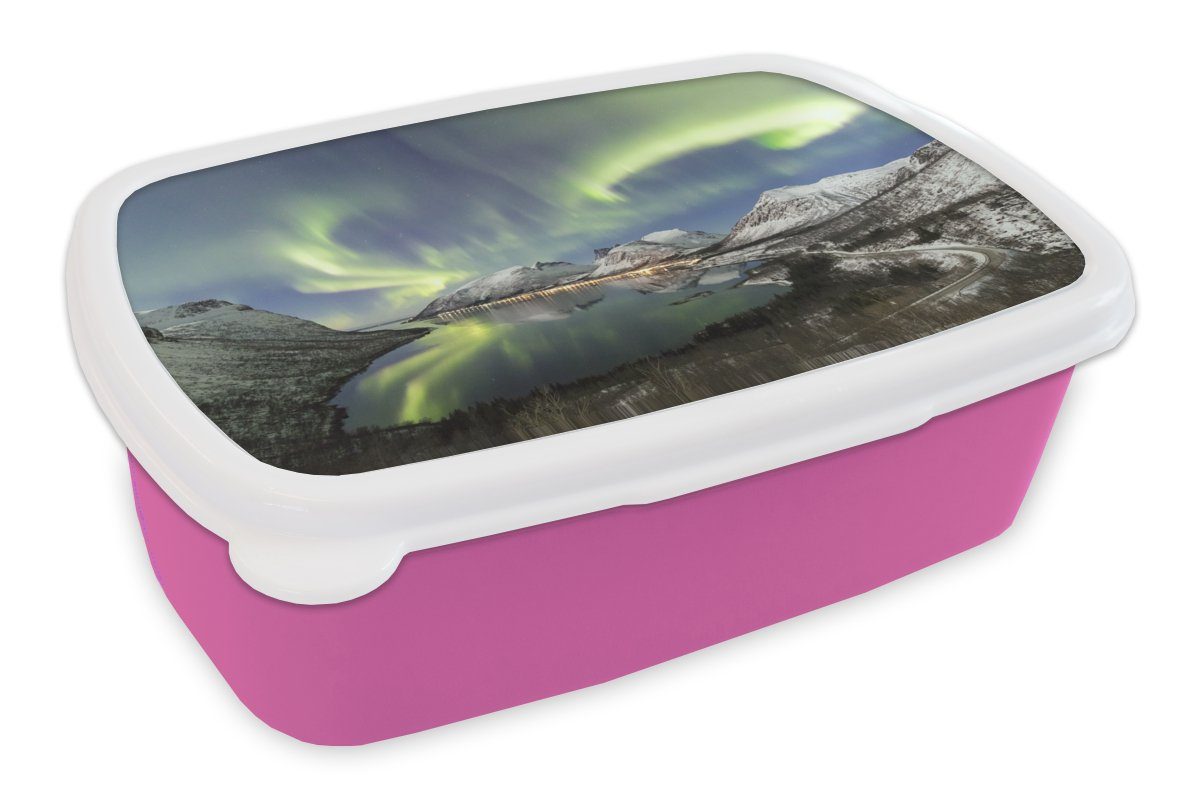 MuchoWow Kunststoff, Mädchen, Kinder, Snackbox, für (2-tlg), Lunchbox Erwachsene, Kunststoff - rosa Berge, - Meer Nordlichter Brotdose Brotbox