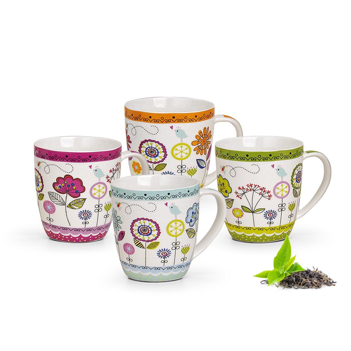 matches21 HOME & HOBBY Tasse Kaffeetassen 4er Set Blumen Herzen Sommer Frühling, 4-tlg., Porzellan, Tee Kaffee-Becher, modern, lila orange grün blau, 350 ml