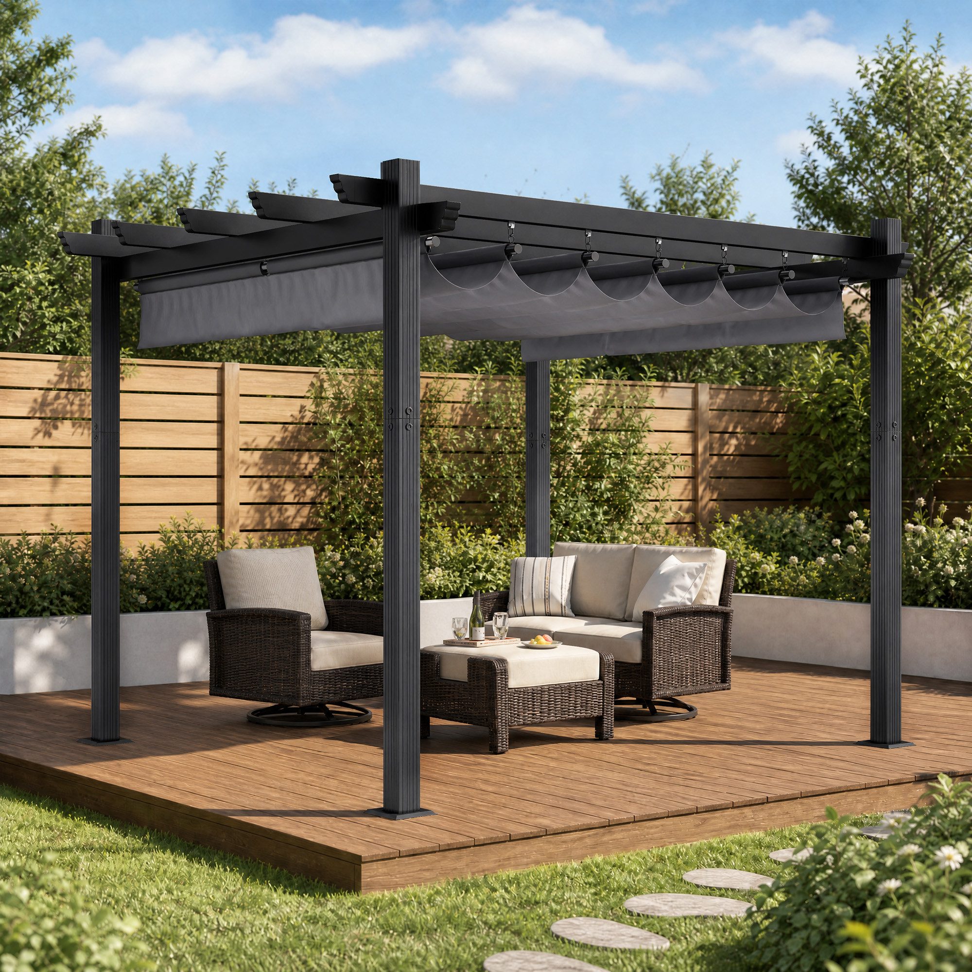 GUNJI Pergola 3x3/3x4m Terrassenüberdachung, Magnetisch Befestigte Aluminium-Pergola, (180g PA-beschichtetes Polyester, UV-geschützt, geeignet für Garten, Terra – Bild 3 von 5