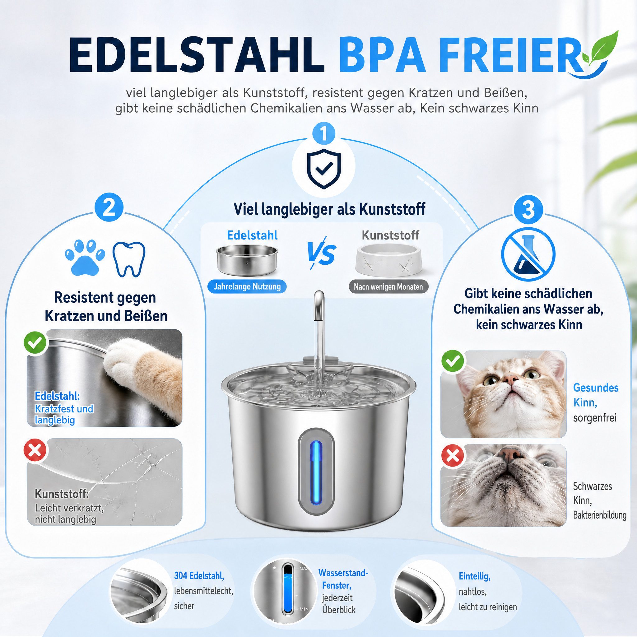 marmortrend Sehnsucht nach Einzigartigkeit Trinkbrunnen für Katze,Katzen Trinkbrunnen mit 2,2L, 2 Filter, Einfach Reinigbar, Katzenbrunnen Edelstahl mit leise Pumpe für 24H Frisches Wasserbrunnen