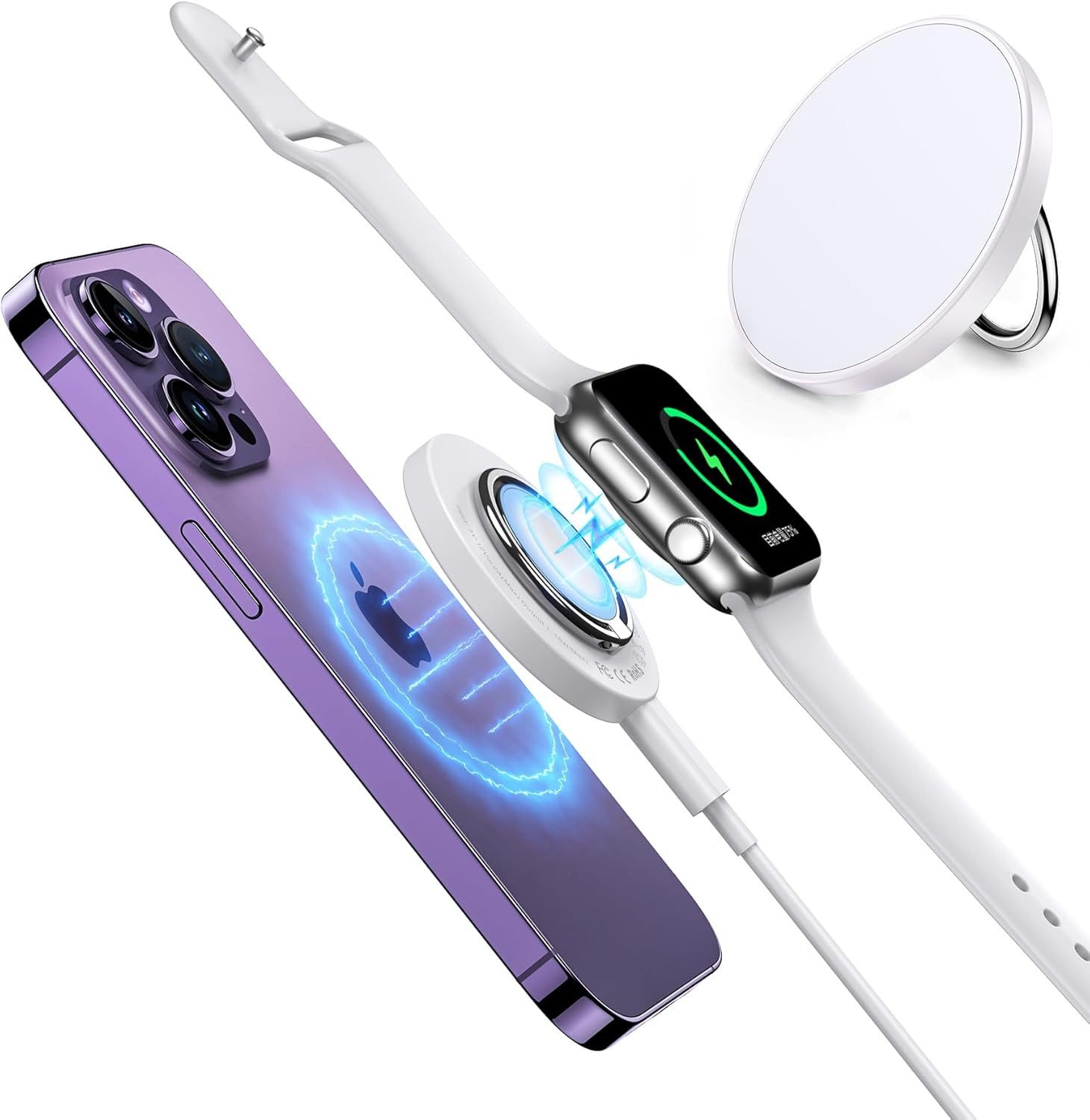 BHHB 3-in-1 MagSafe Reise Ladegerät mit Ringhalter für iPhone & Watch Wireless Charger (3-in-1 Wireless MagSafe Set mit Reiseladegerät & USB-C Kabel, 3-in-1 MagSafe Reiseladegerät mit Ringhalter & USB-C Kabel, Kompakt, magnetisch, tragbar, Schnellladefunk