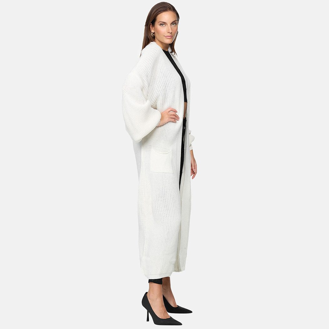 Elara Cardigan – Damen Longcardigan in Grobstrick mit Ballonärmeln und Taschen