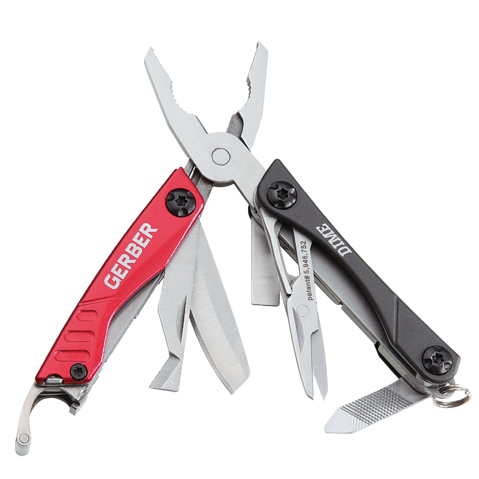 Gerber Multitool Dime Mini-Multitool Tool Minitool, 12 Funktionen Anhänger Messer Schere grau/rot