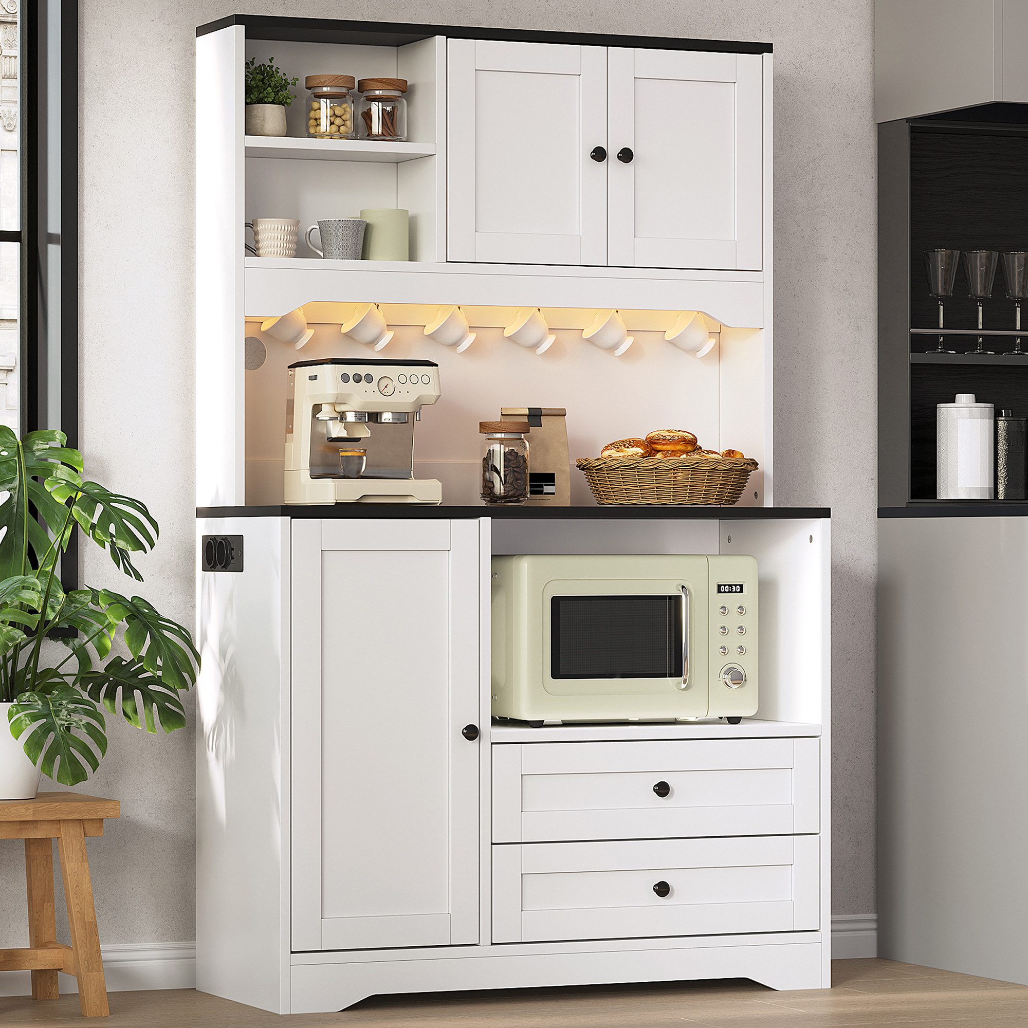 Flieks Küchenbuffet Hochschrank mit LED-Beleuchtung, Steckdosen, 6 Haken, Türablagen (Ladefunktion, verstellbare Einlegeböden, 1-St., …