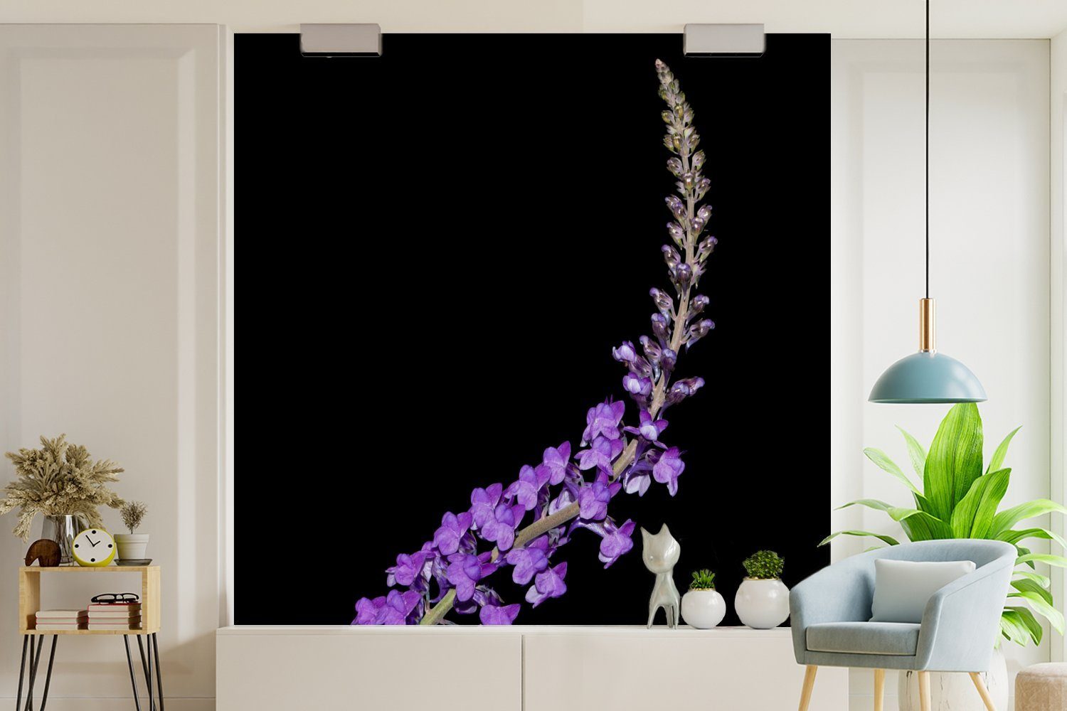 Wandtapete lila oder MuchoWow Schlafzimmer, Vinyl Lavendel Matt, St), schwarzem Tapete für Fototapete Hintergrund, auf Wohnzimmer (5 Einzelner bedruckt,