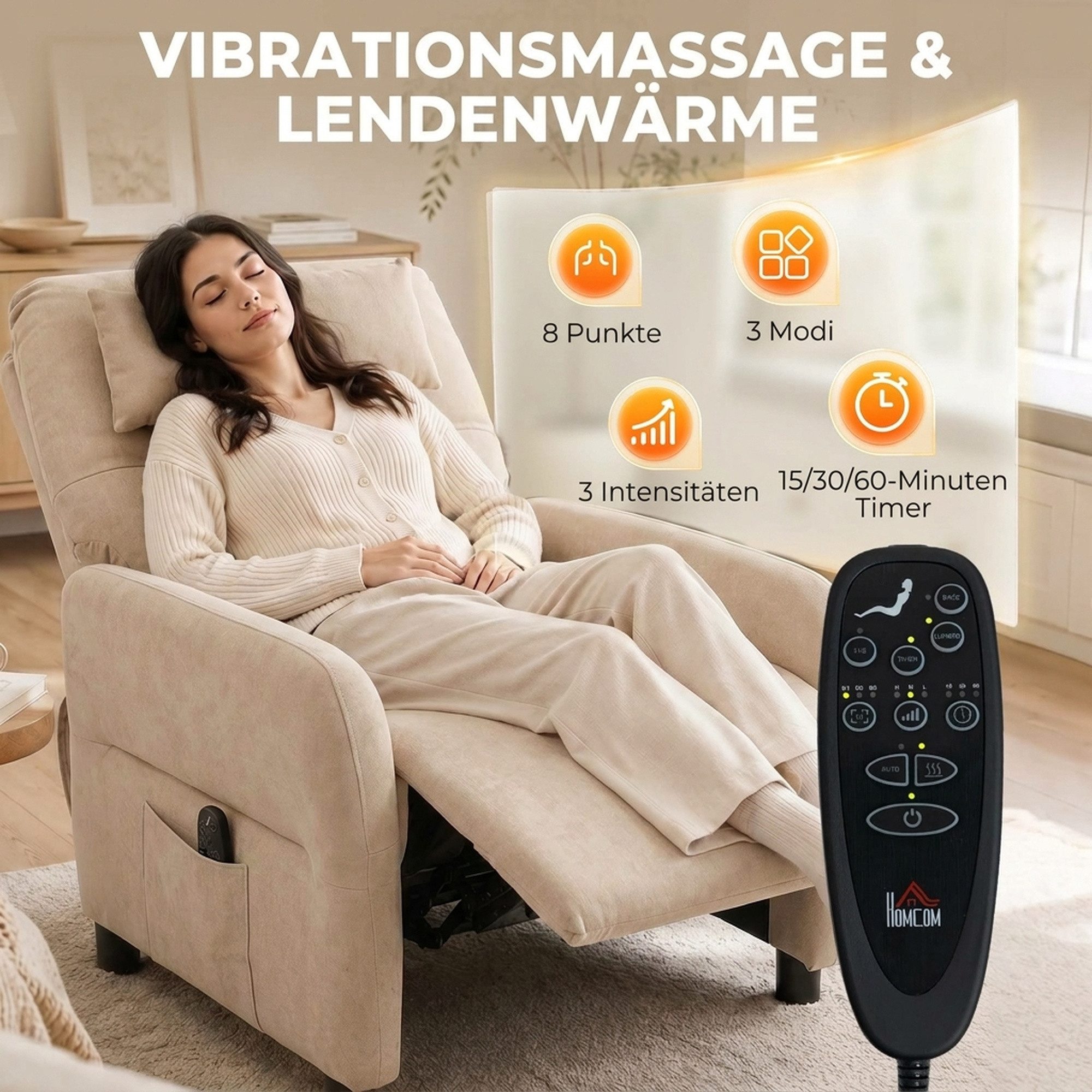 HOMCOM Massagesessel Relaxsessel Fernsehsessel mit Liegefunktion, 8-Punkt-Vibration (Set, 1-St., Relaxsessel), 8-Punkt-Massage, Lendenwärme, 135° Liege – Bild 4 von 5
