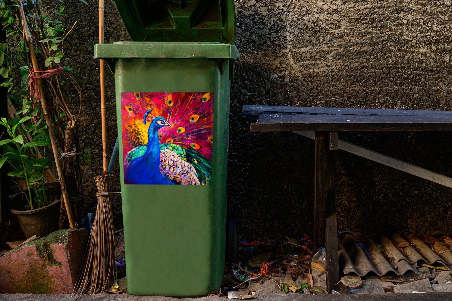 Container, - (1 MuchoWow - Sticker, St), Ölgemälde Wandsticker Abfalbehälter Pfau Gemälde - Mülleimer-aufkleber, Vogel Mülltonne,